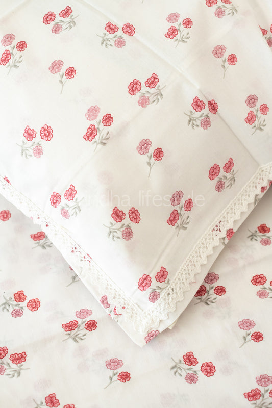 Floral print cotton Bedsheet and pillow covers with lace detailing-Queen size