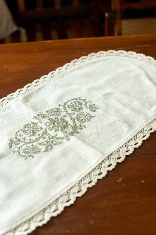Cotton coffee table runner with embroidery and lace detailing - 10x25 inches