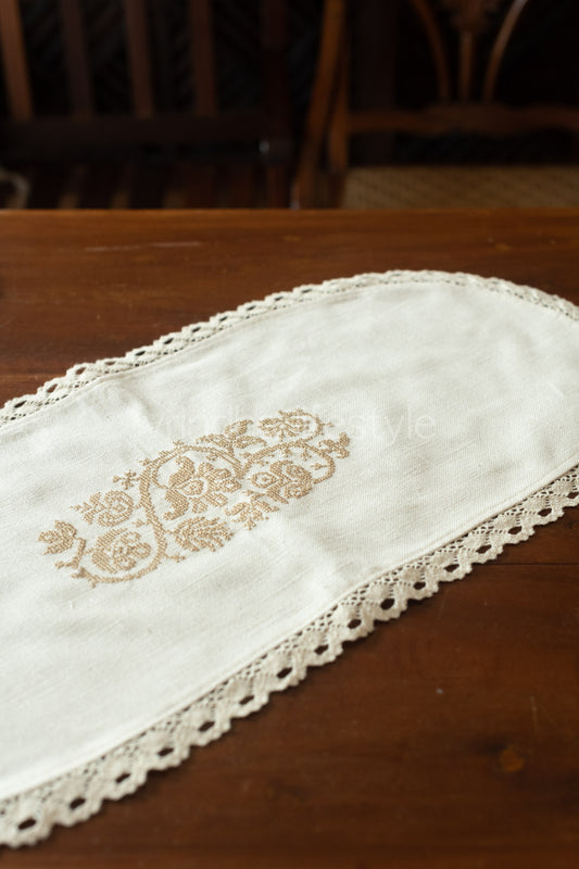 Cotton coffee table runner with embroidery and lace detailing - 10x25 inches