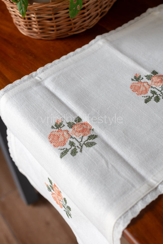 Cotton table runner with cross stitch embroidery and lace detailing -4 seater -14x48 inches