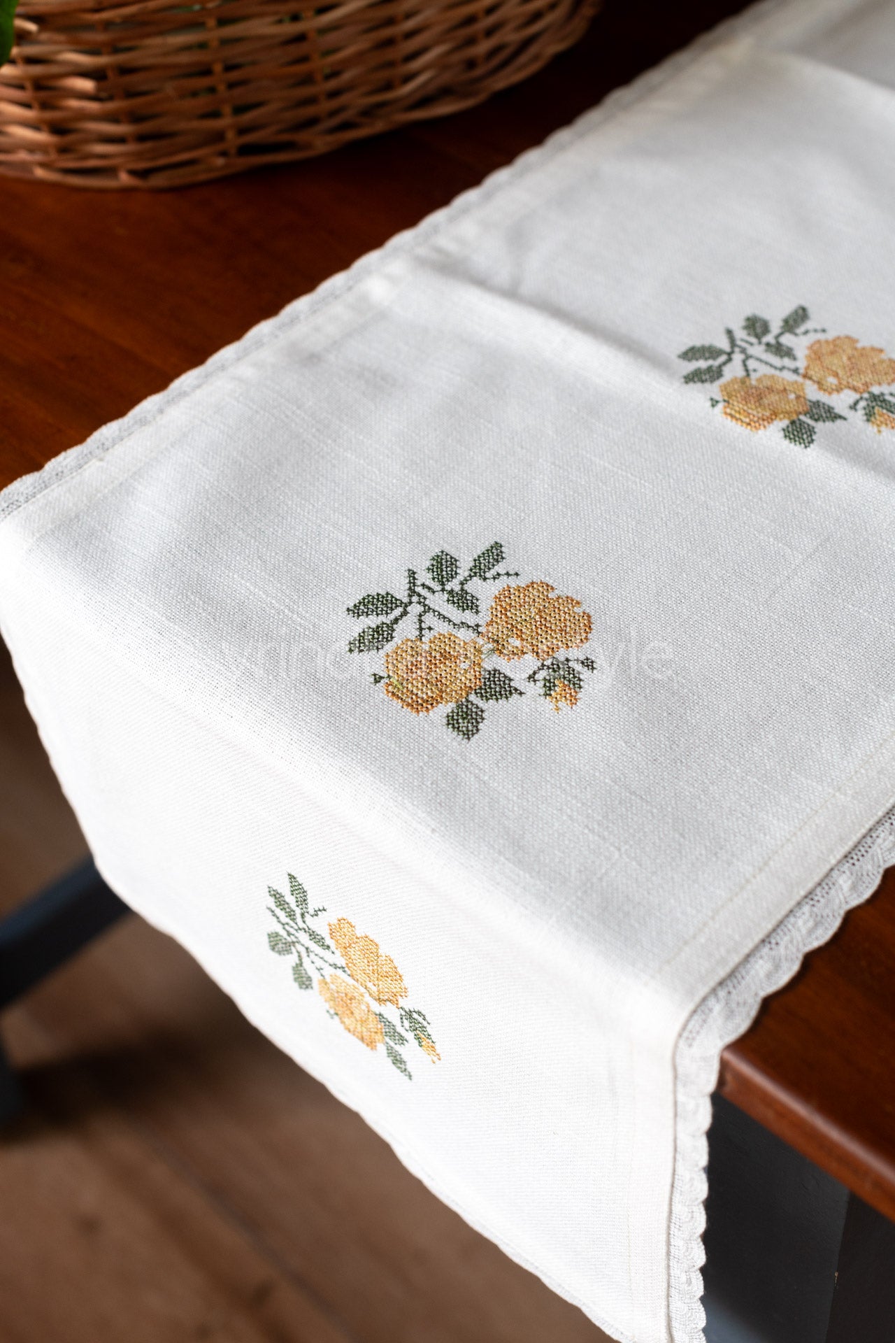 Cotton table runner with cross stitch embroidery and lace detailing -4 seater -14x48 inches