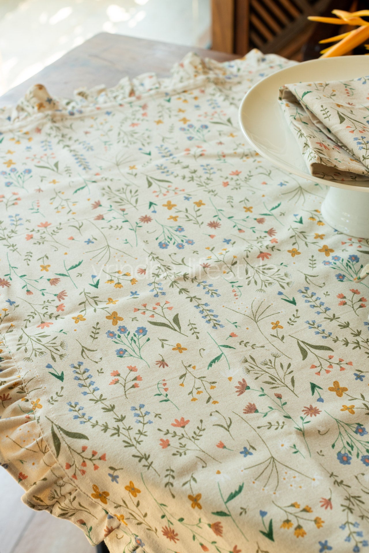 Cotton printed table cover with frill detailing-coffee table