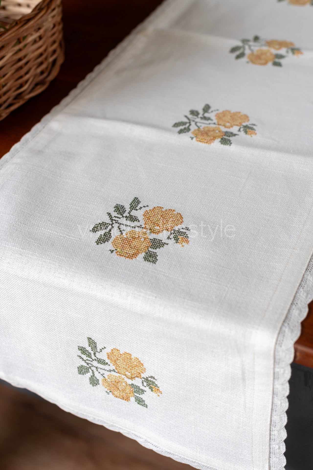 Cotton table runner with cross stitch embroidery and lace detailing -4 seater -14x48 inches