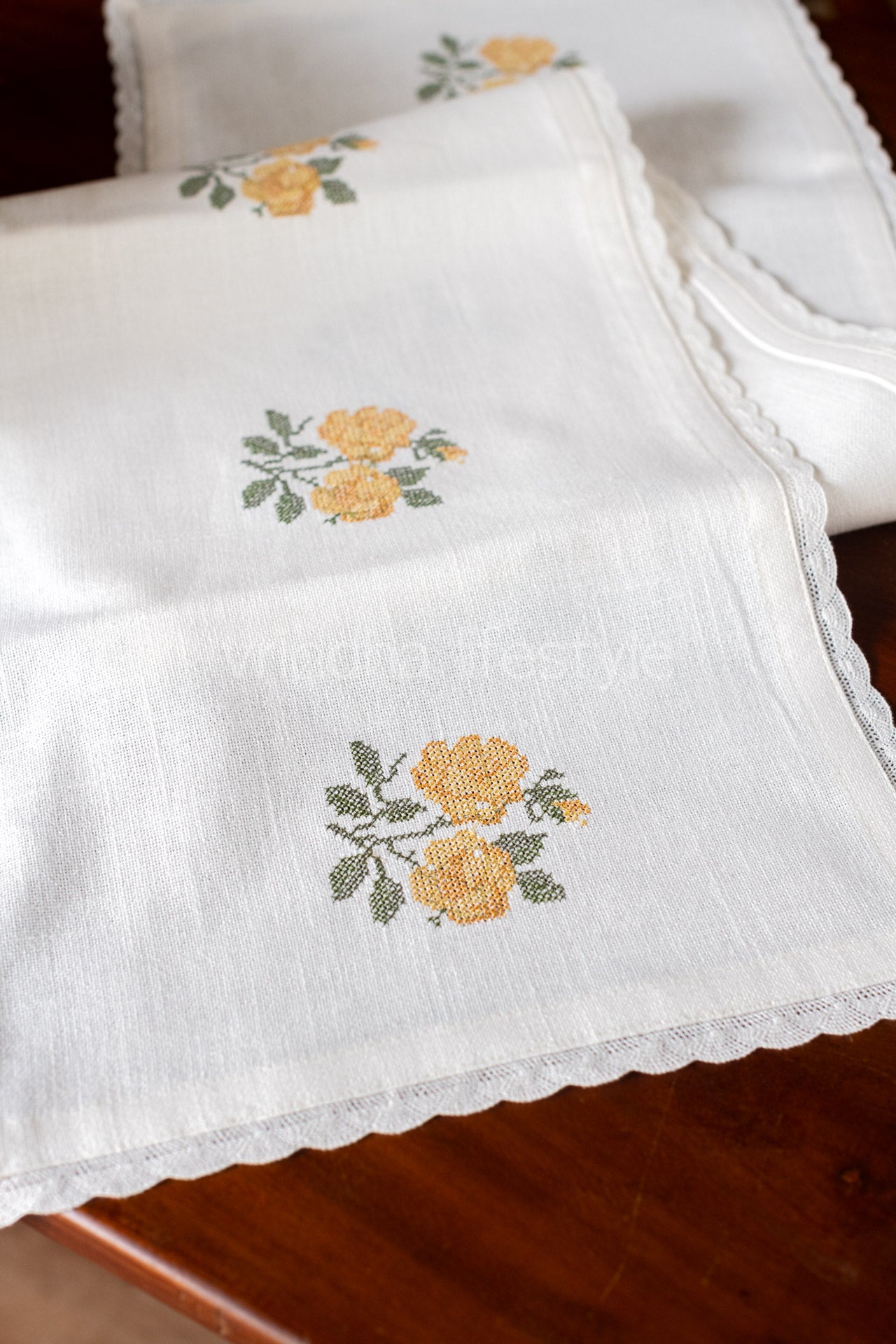 Cotton table runner with cross stitch embroidery and lace detailing -4 seater -14x48 inches