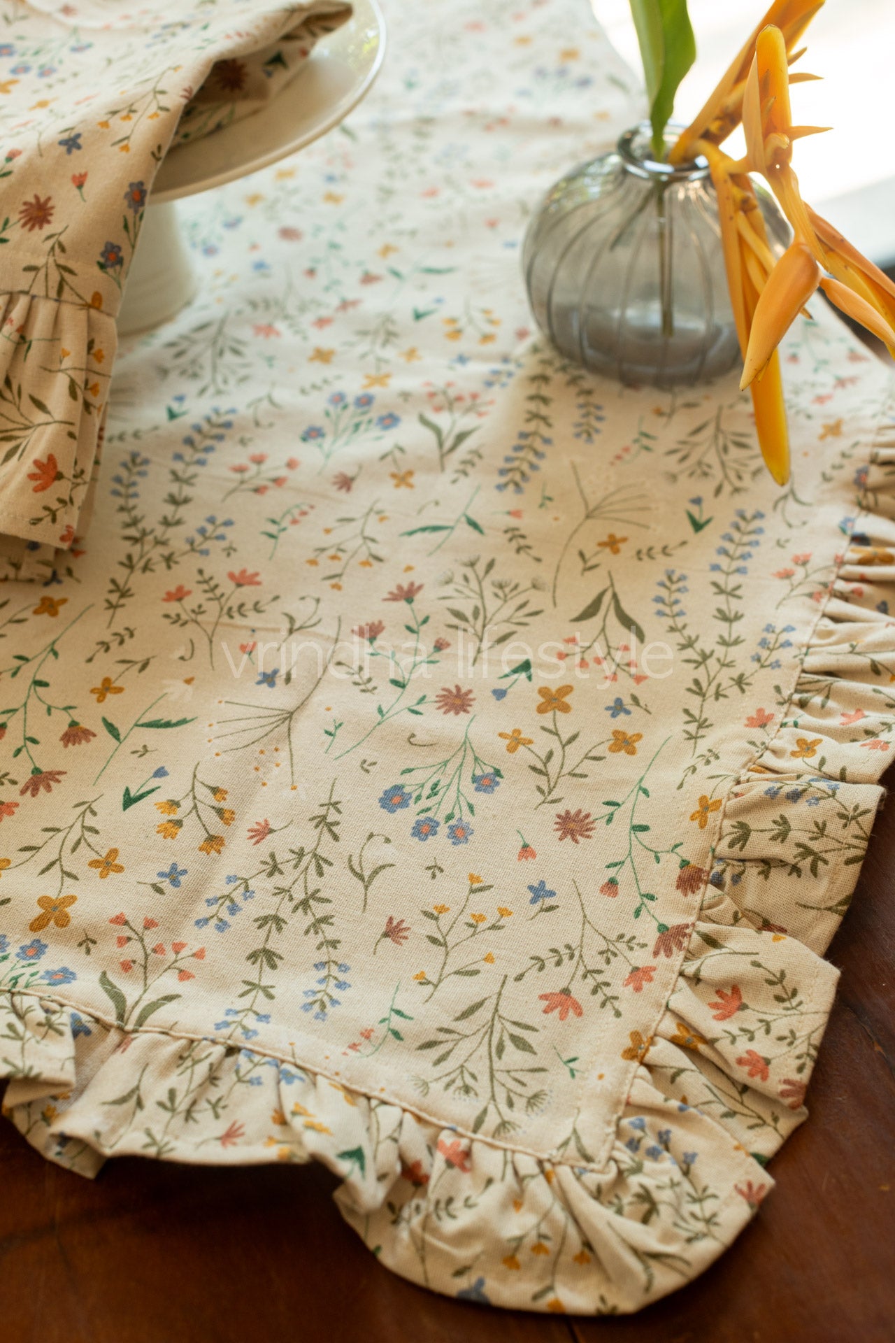 Cotton printed table cover with frill detailing-coffee table
