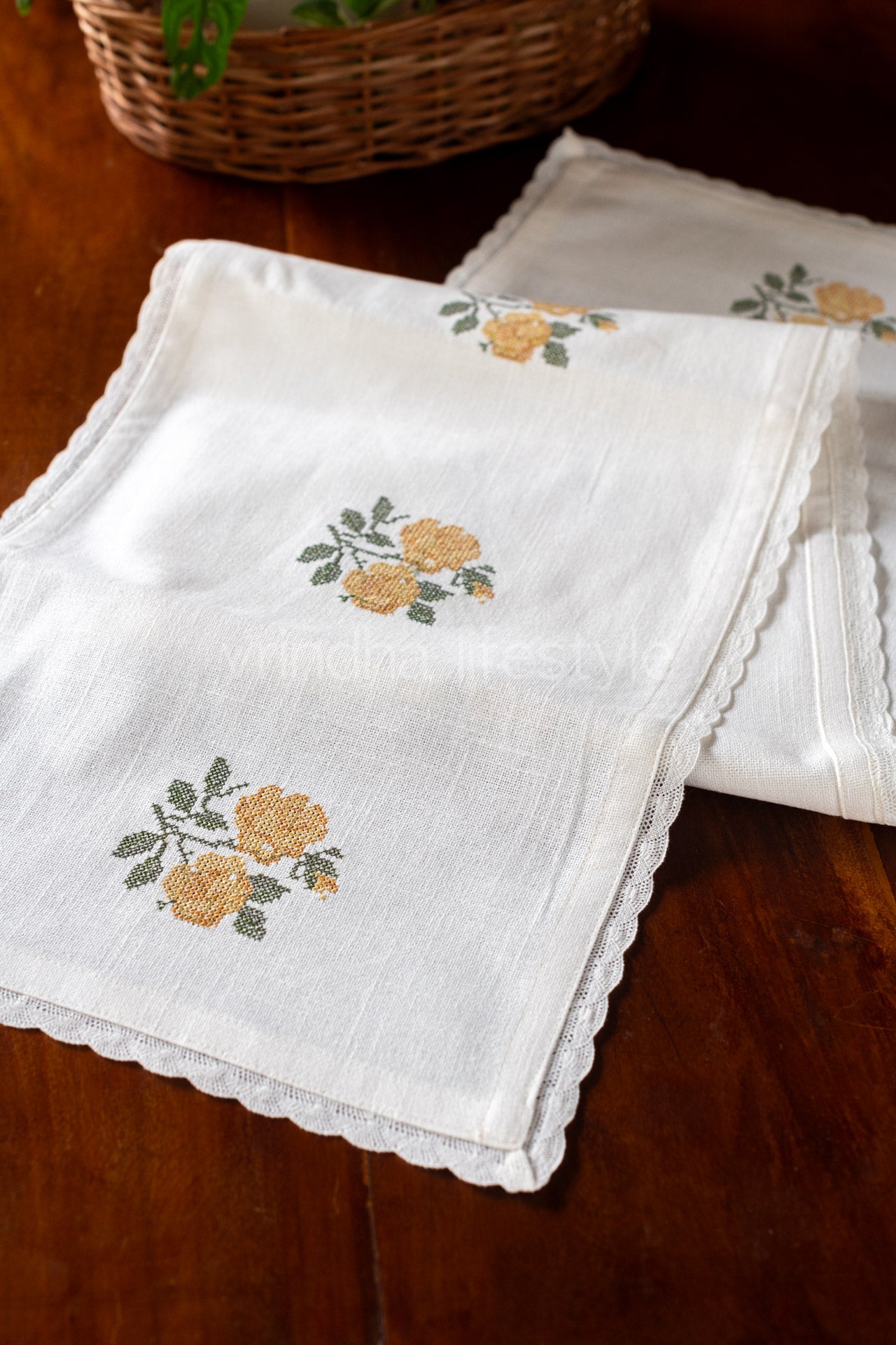 Cotton table runner with cross stitch embroidery and lace detailing -4 seater -14x48 inches