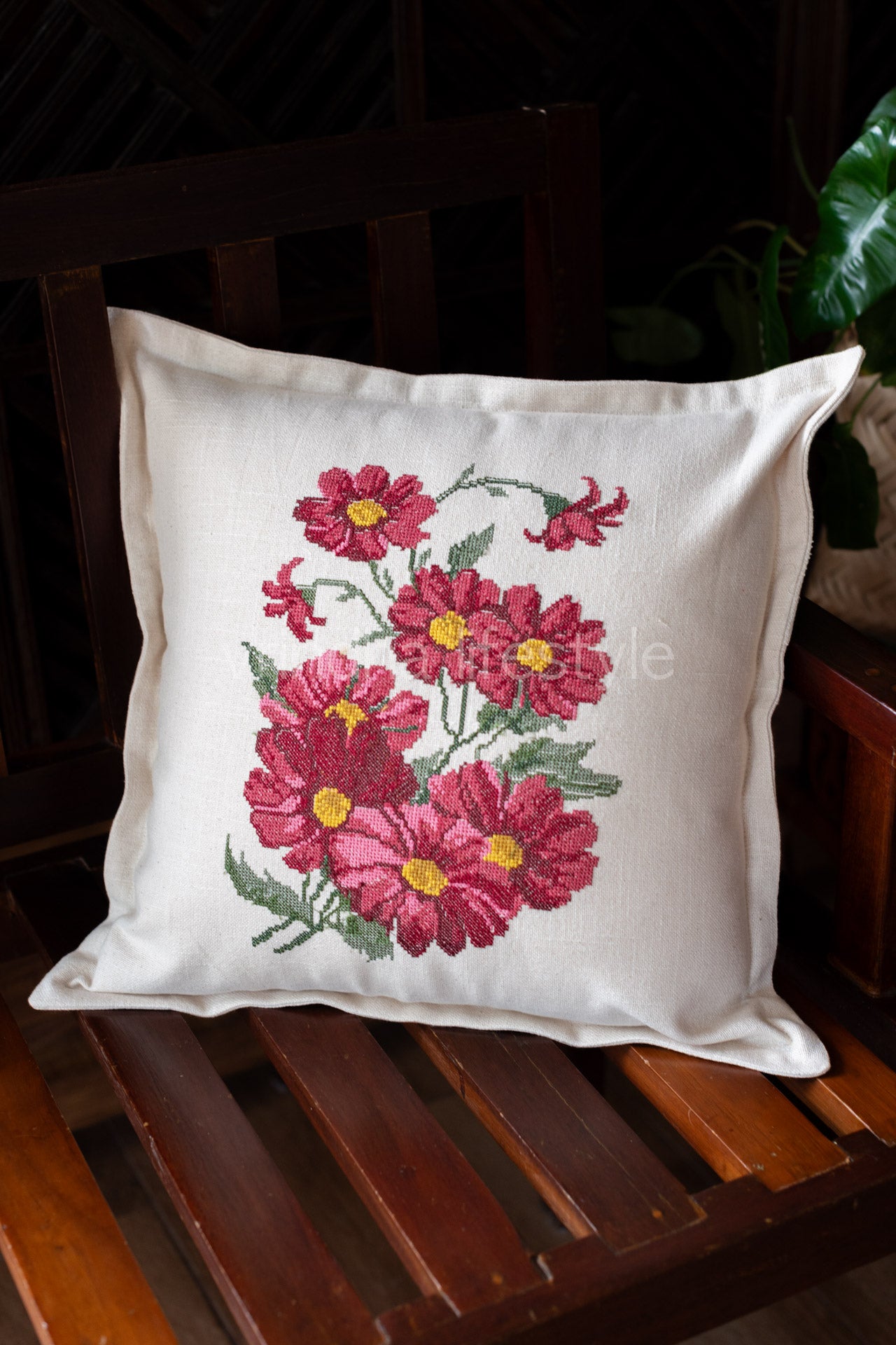 Cotton cushion cover with cross stitch embroidery -Single unit- 16x16 -customisable