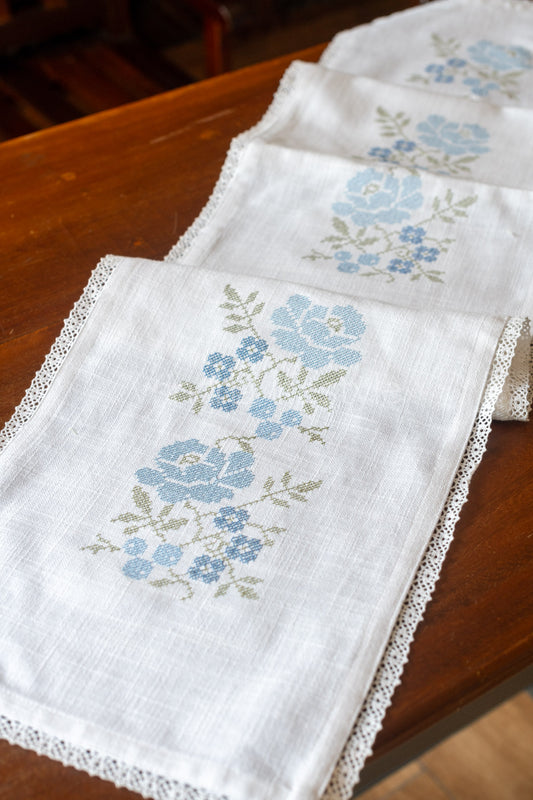 Cotton table runner with cross stitch embroidery and lace detailing- 11x60 inches-customisable