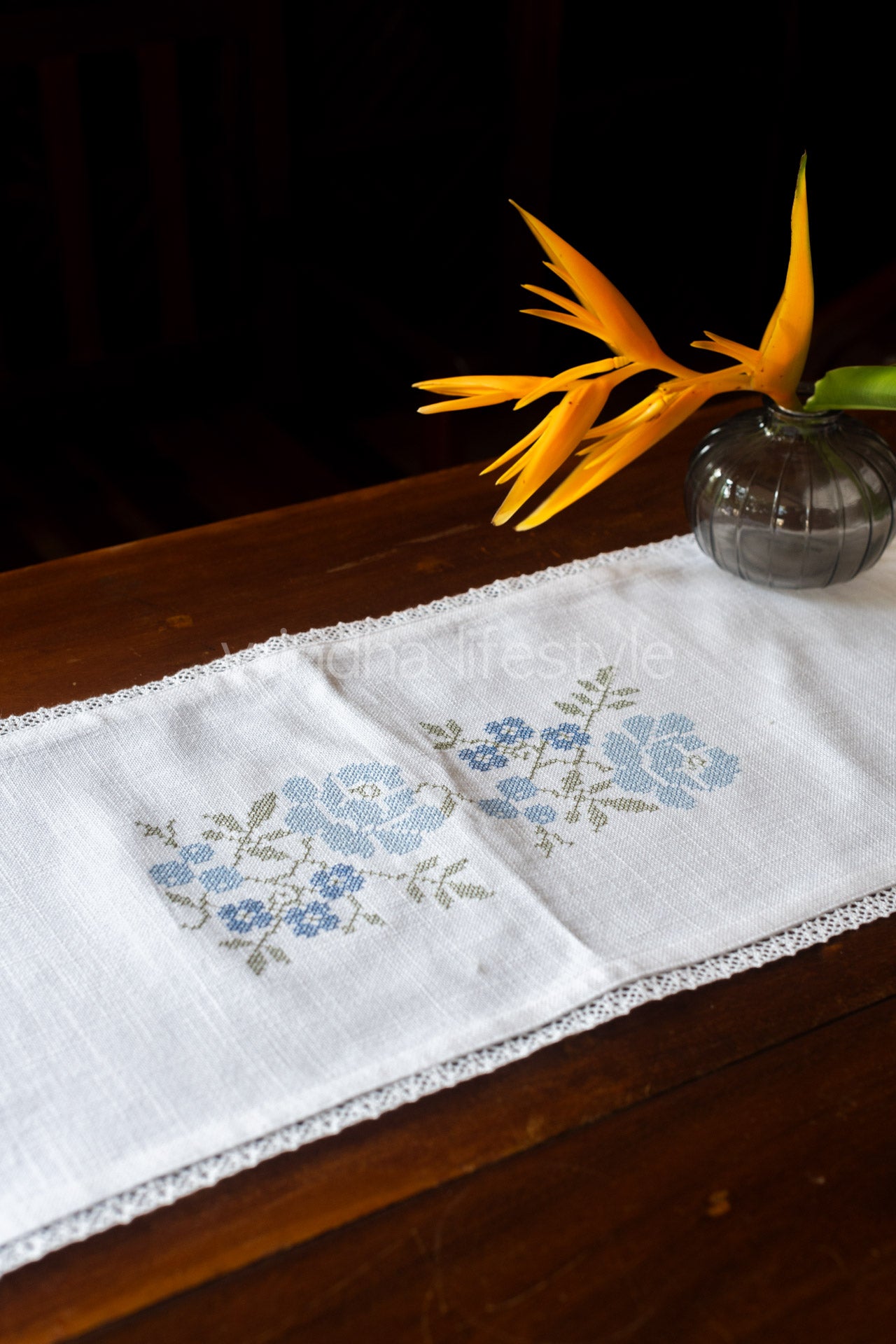 Cotton table runner with cross stitch embroidery and lace detailing- 11x60 inches-customisable