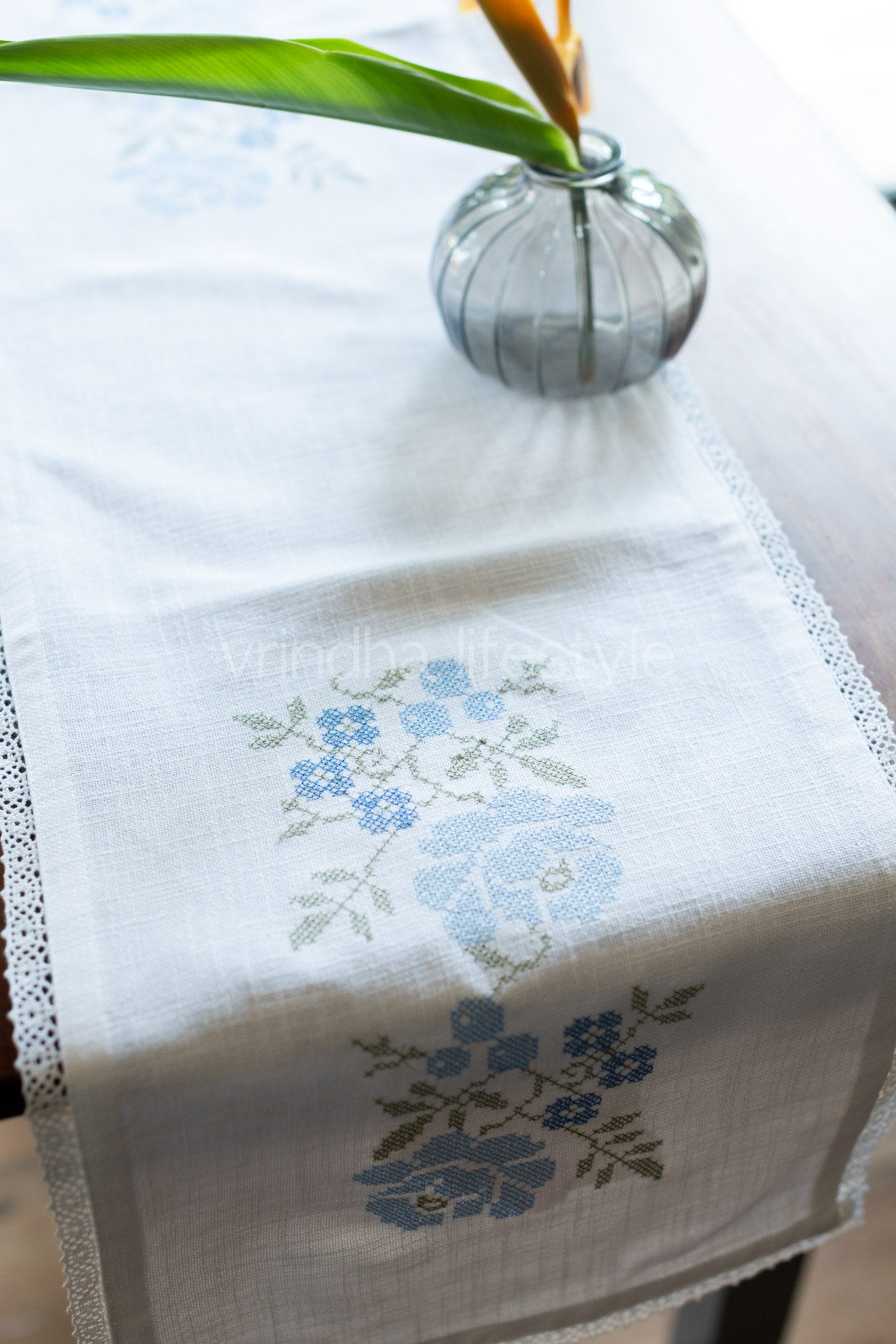 Cotton table runner with cross stitch embroidery and lace detailing- 11x60 inches-customisable