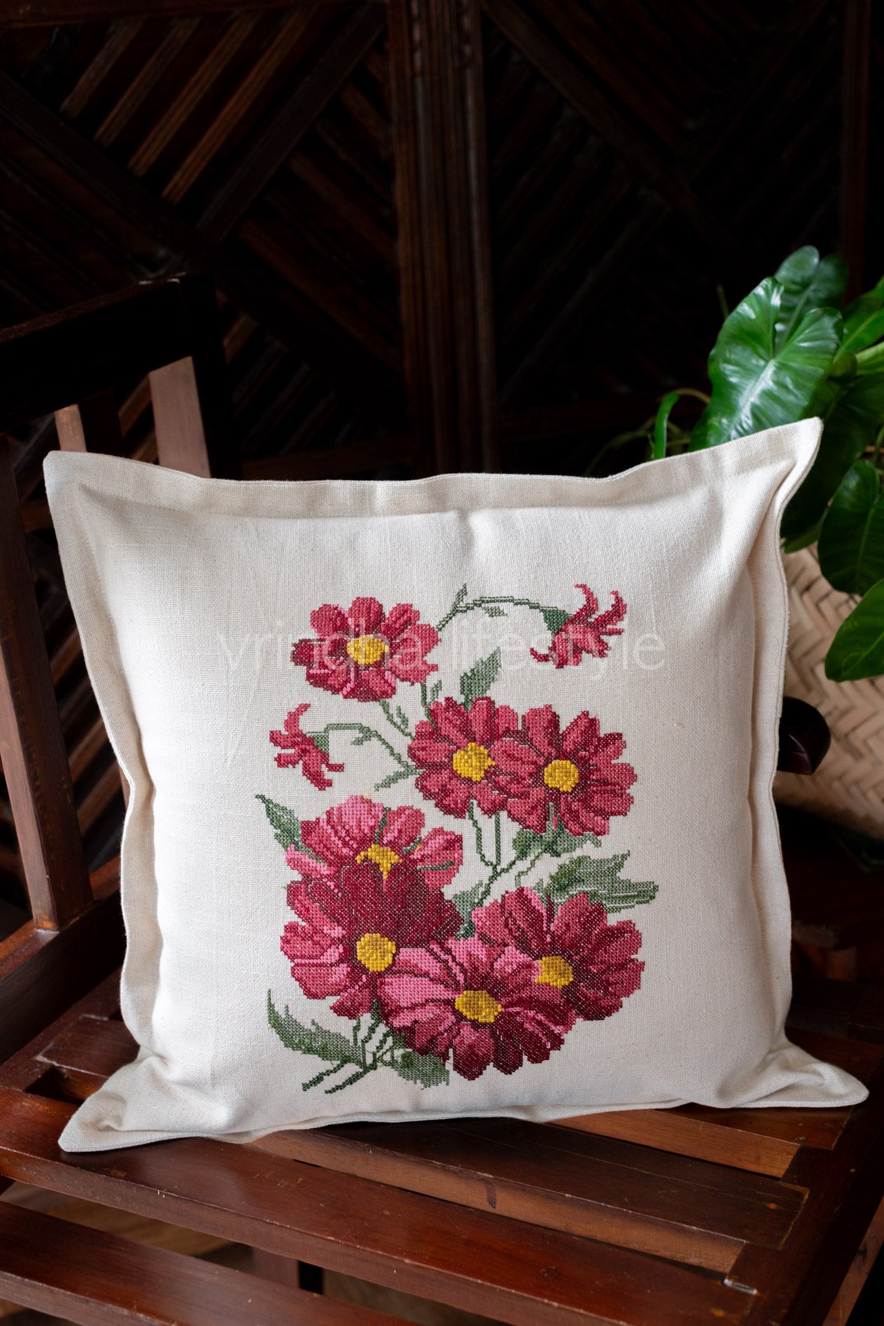 Cotton cushion cover with cross stitch embroidery -Single unit- 16x16 -customisable