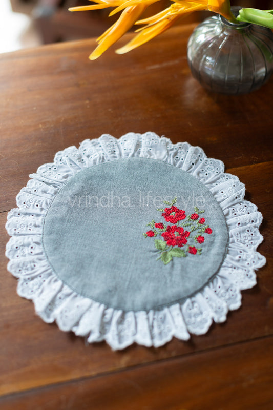 Round embroidered table mat with lace detailing ,10 inches-Single unit