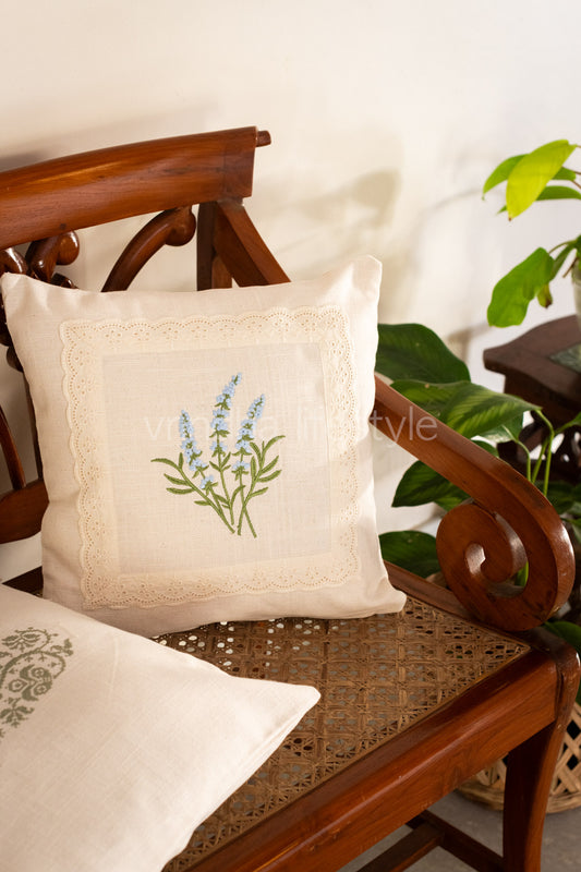 Cotton cushion cover with embroidery and lace detailing -Single unit- 16x16 inches( Customisable)