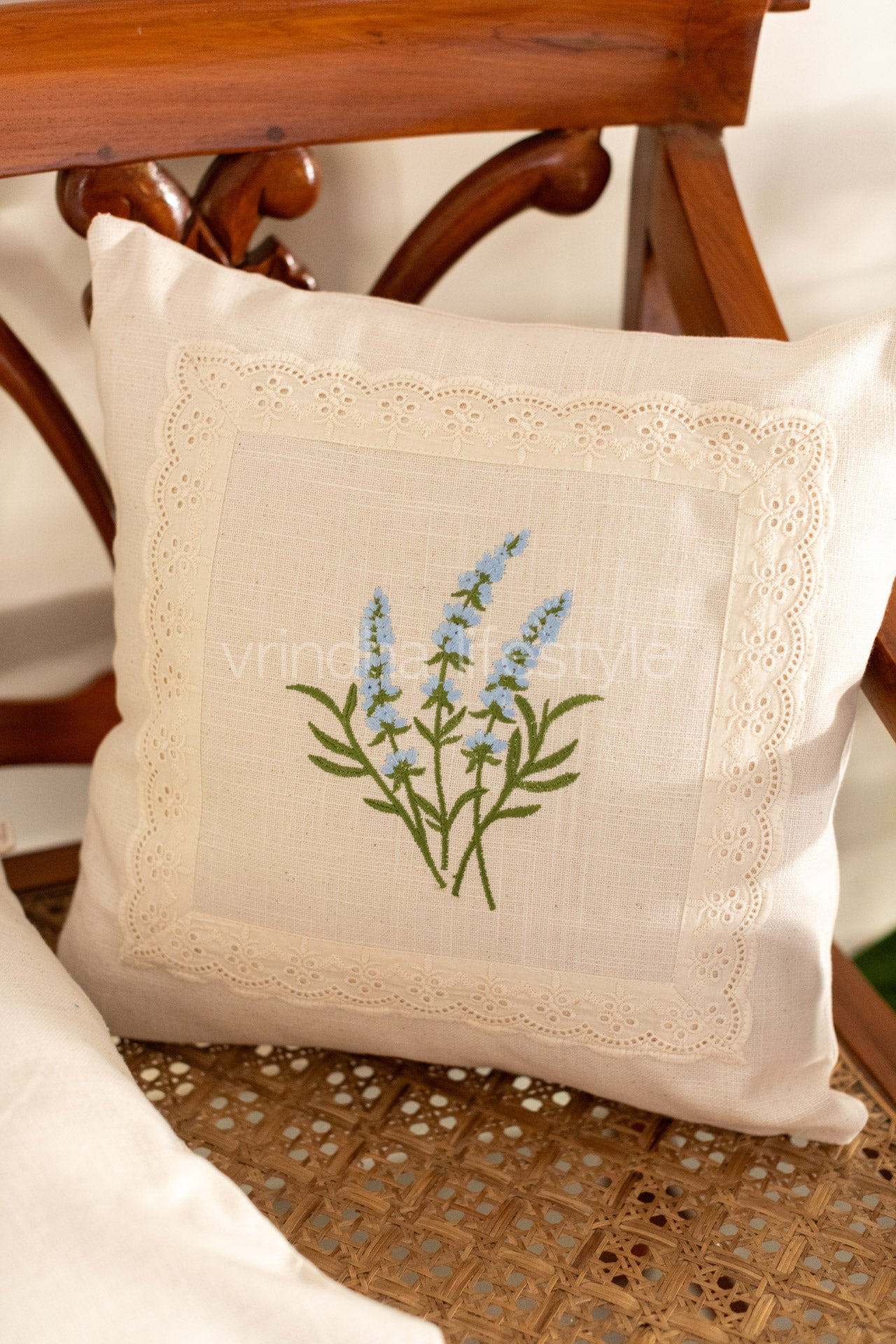 Cotton cushion cover with embroidery and lace detailing -Single unit- 16x16 inches( Customisable)