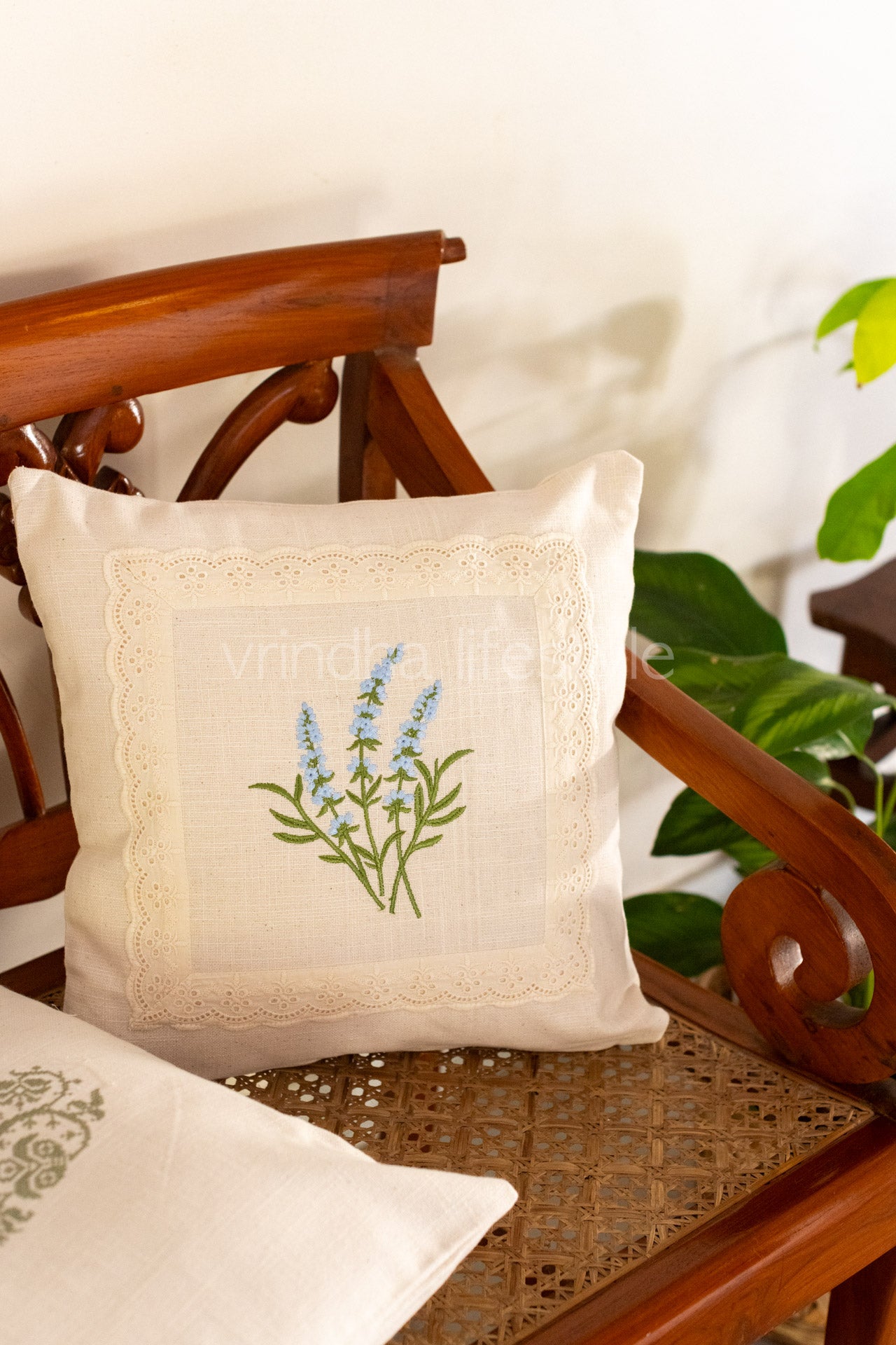 Cotton cushion cover with embroidery and lace detailing -Single unit- 16x16 inches( Customisable)