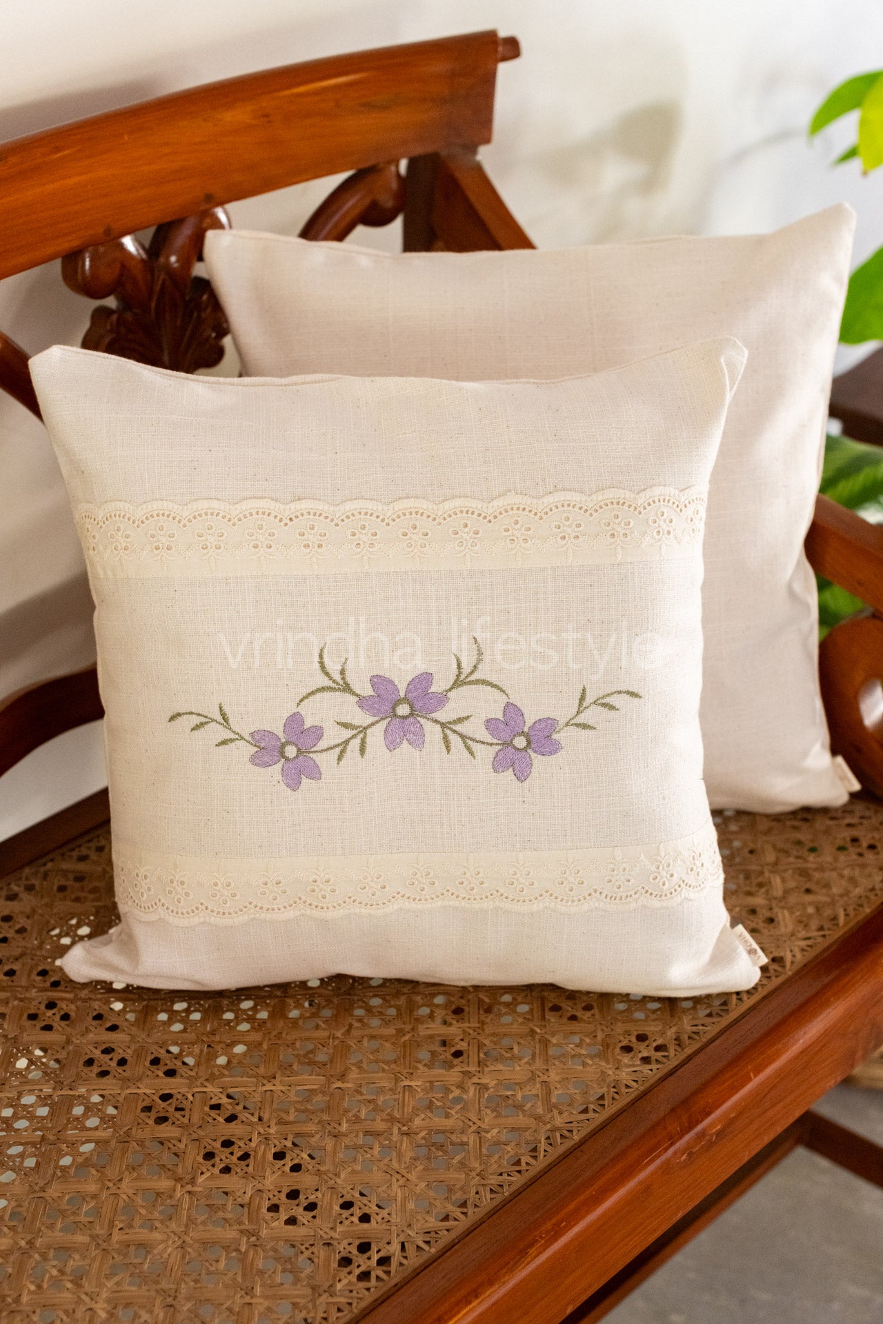 Cotton cushion cover with embroidery and lace detailing -Single unit- 16x16 inches( Customisable)