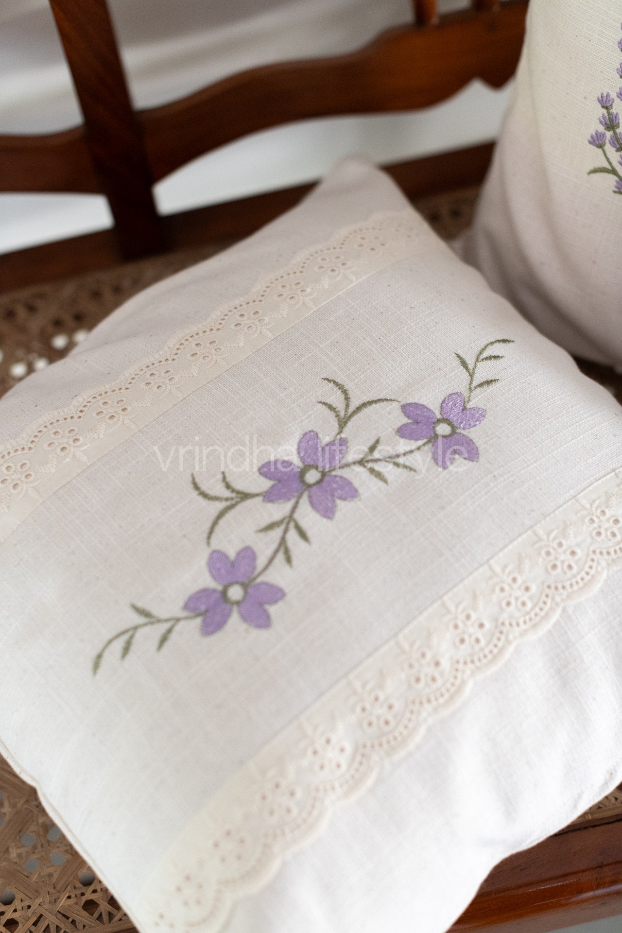 Cotton cushion cover with embroidery and lace detailing -Single unit- 16x16 inches( Customisable)