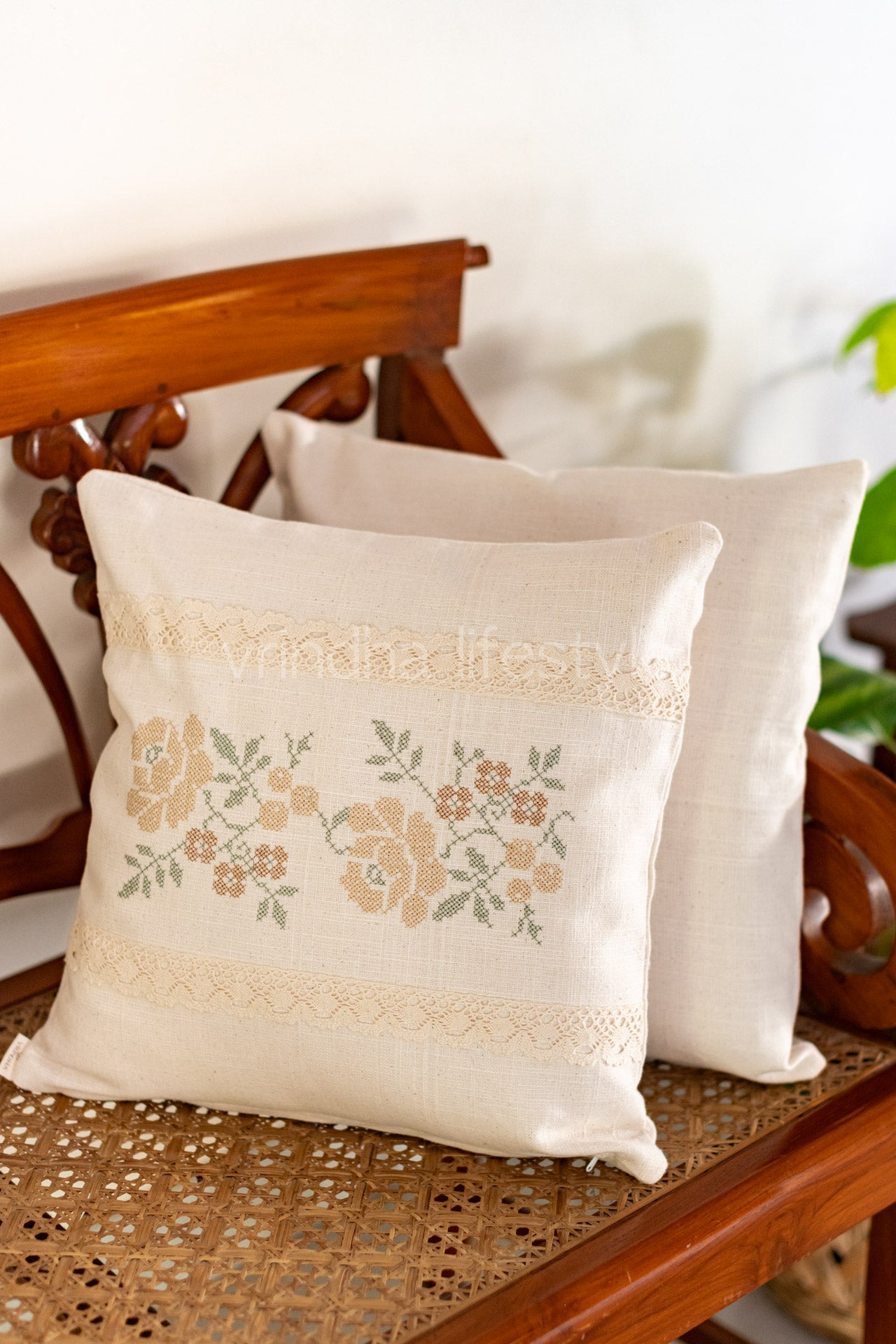Cotton cushion cover with embroidery and lace detailing -Single unit- 16x16 inches( Customisable)