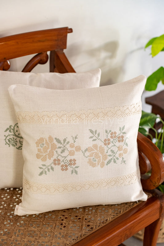 Cotton cushion cover with embroidery and lace detailing -Single unit- 16x16 inches( Customisable)