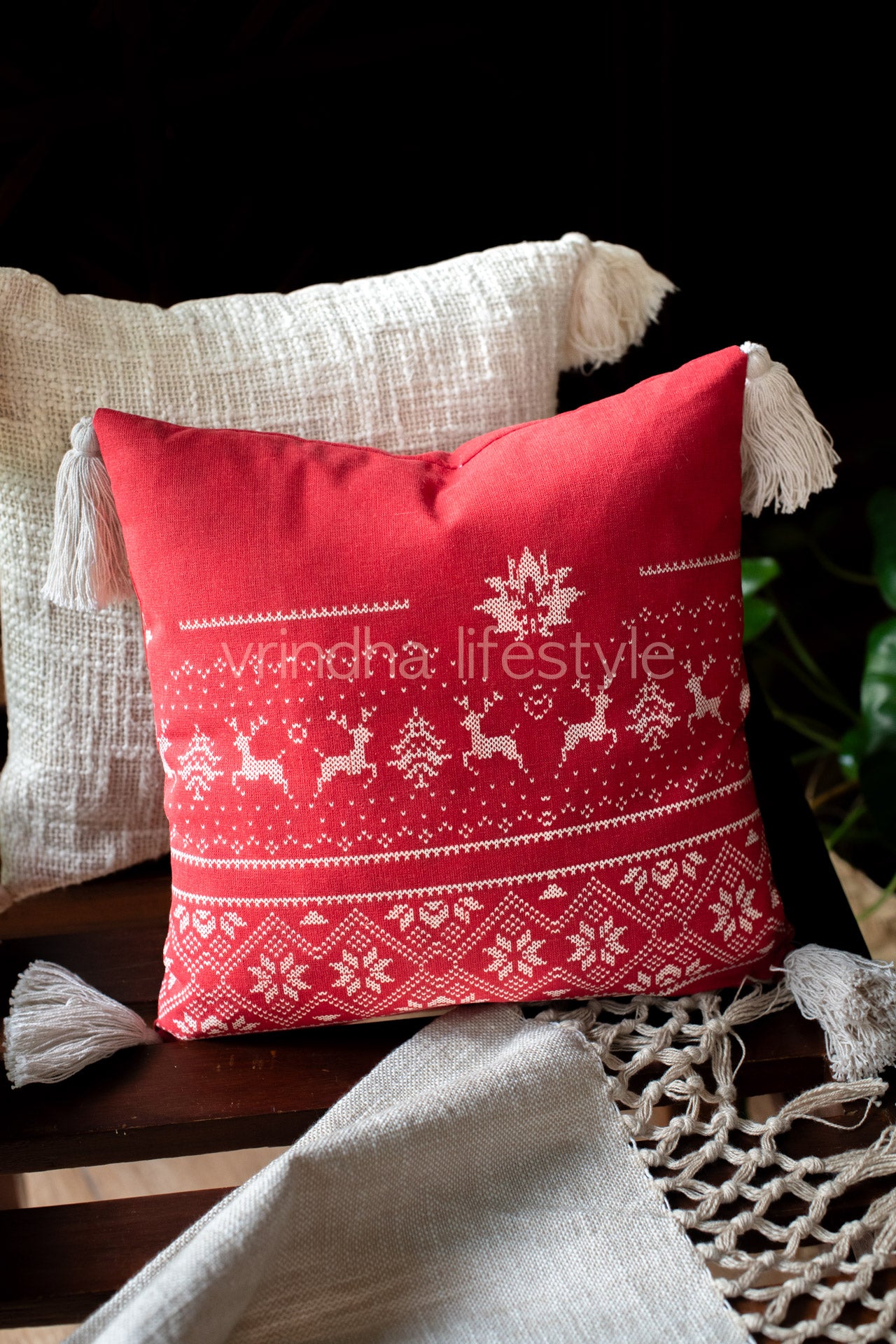 PRINTED COTTON CUSHION COVERS with tassels-12x12 inches-Single Unit