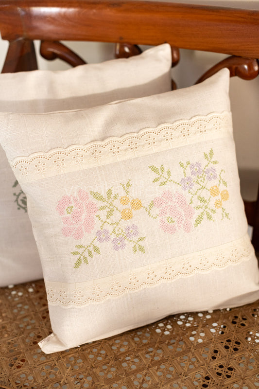 Cotton cushion cover with embroidery and lace detailing -Single unit- 16x16 inches( Customisable)