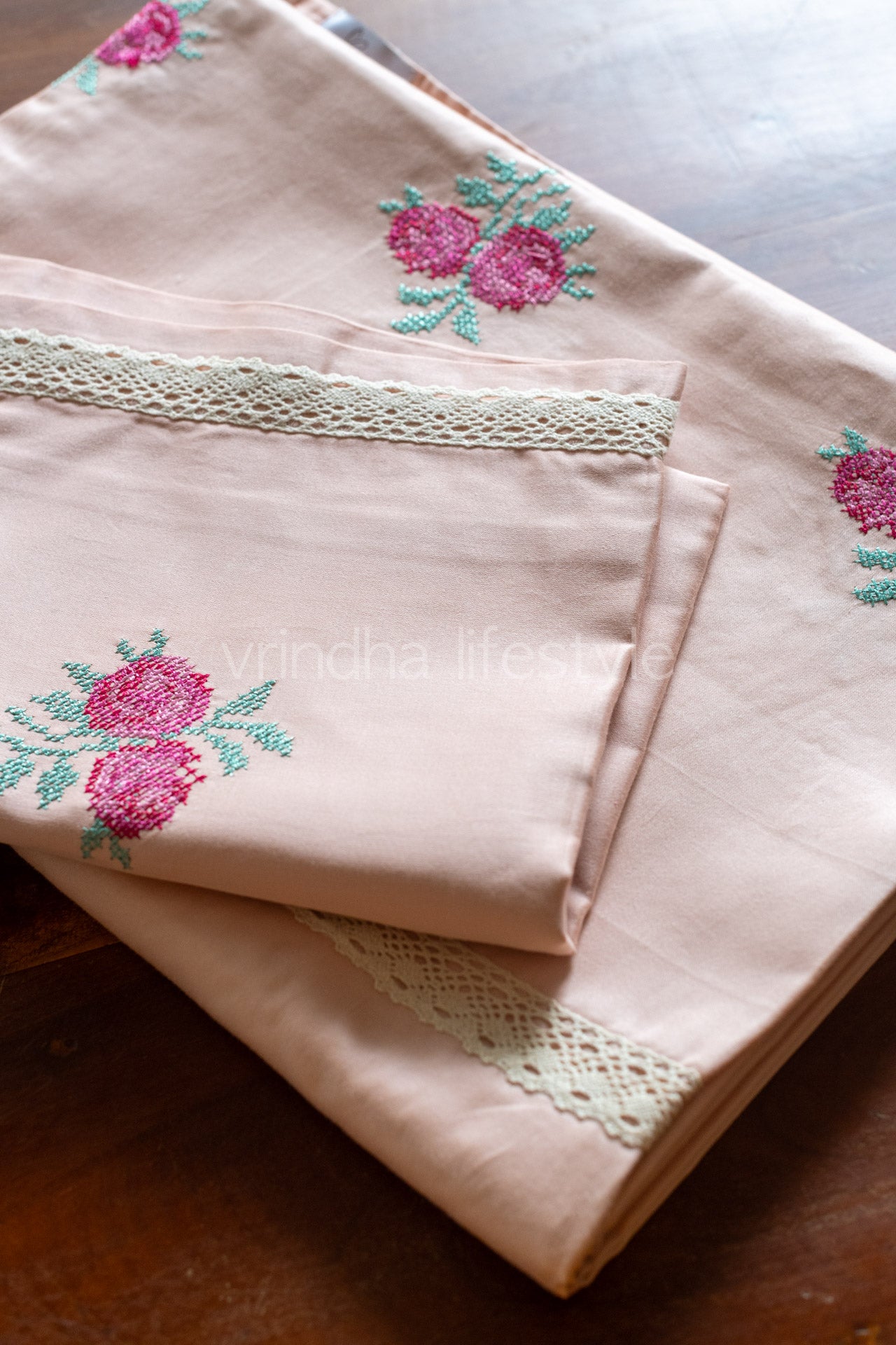 COTTON BED SHEET and floral embroidery cotton pillow covers with lace detailing -Single