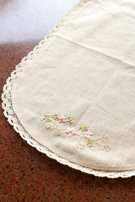 Cotton coffee table runner with hand embroidery and lace detailing - 14x24 inches