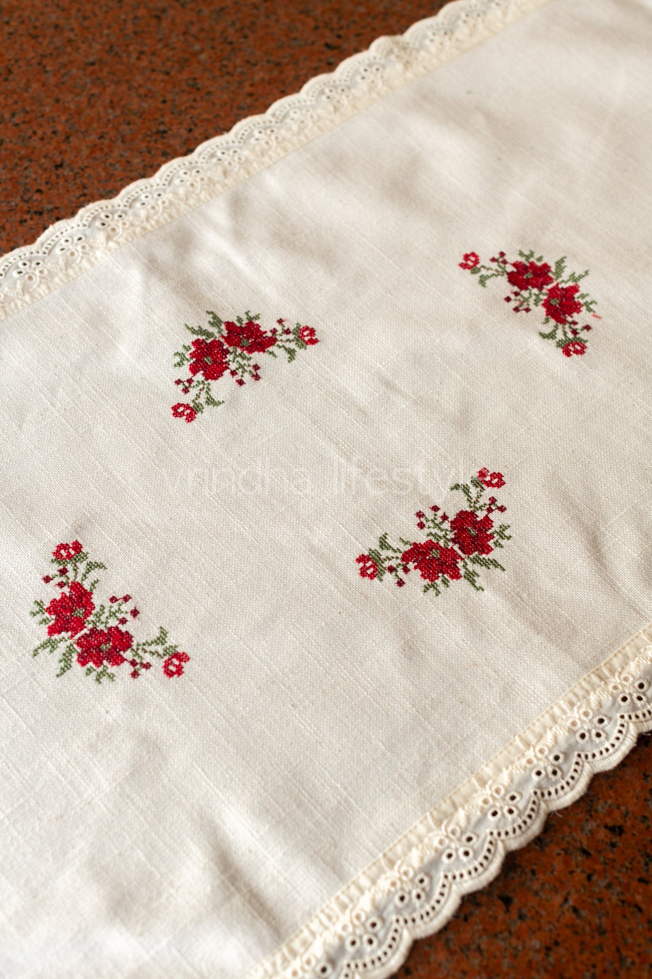 Cotton runner with cross stitch embroidery and lace detailing - 15x42  inches