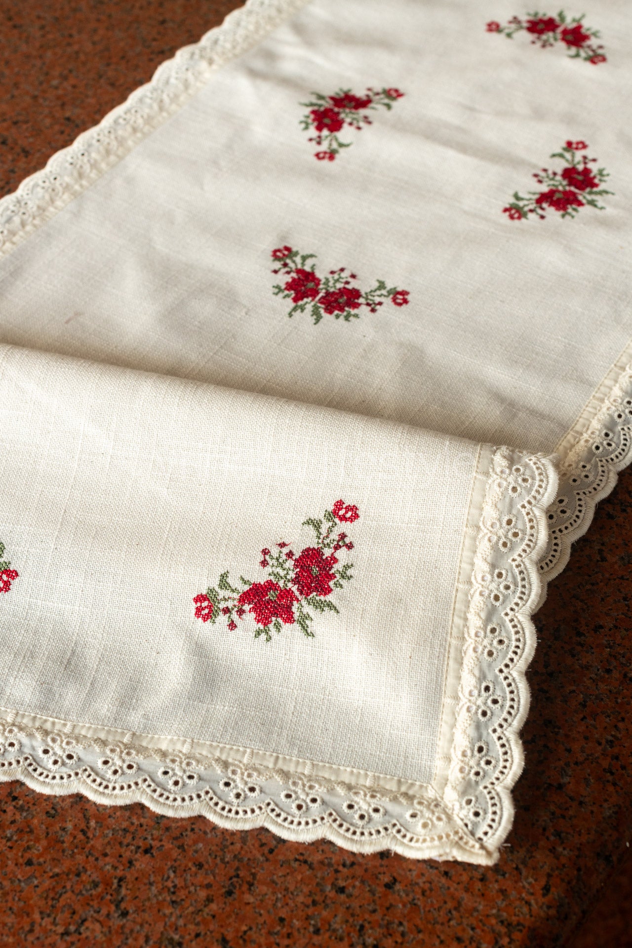 Cotton runner with cross stitch embroidery and lace detailing - 15x42  inches