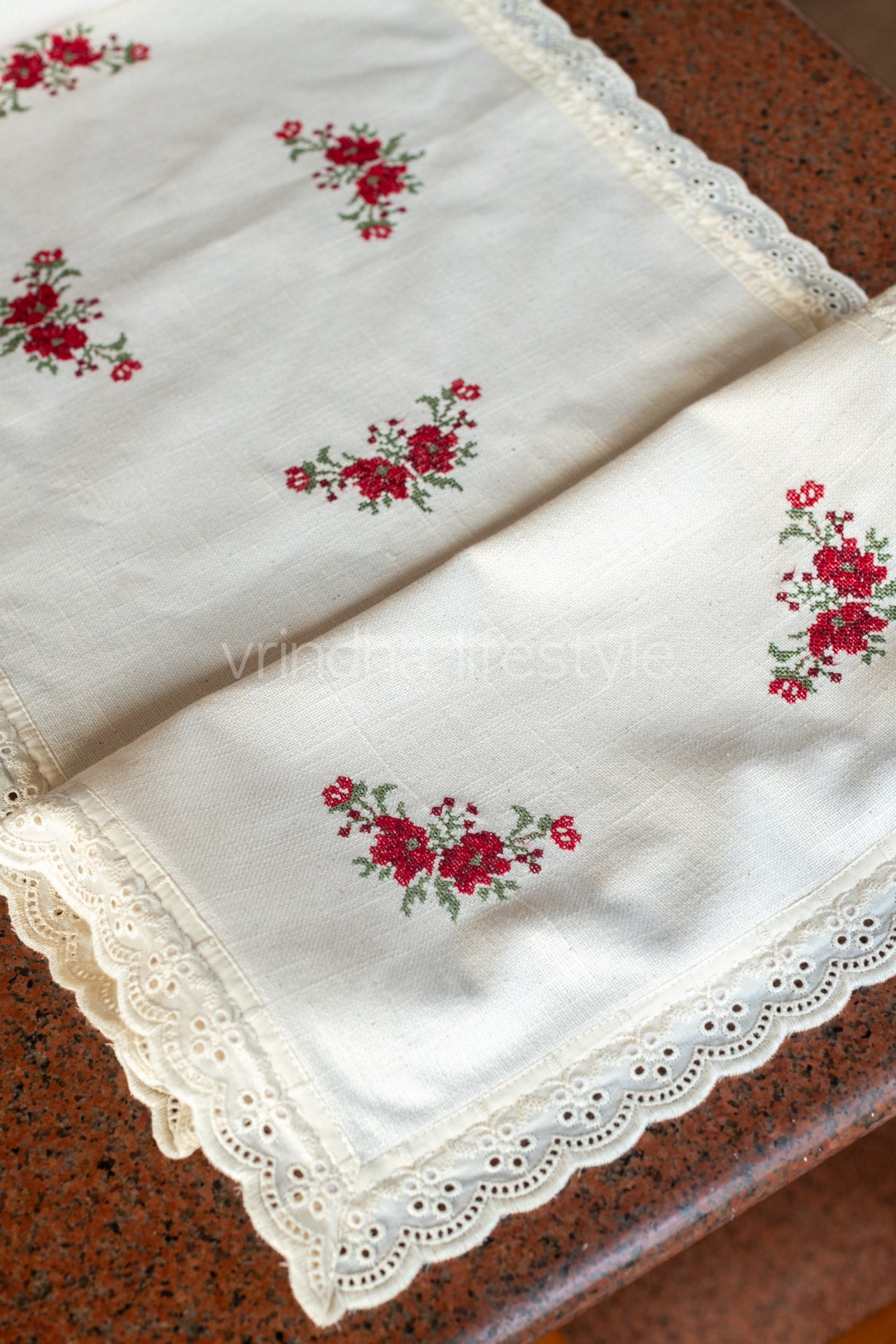Cotton runner with cross stitch embroidery and lace detailing - 15x42  inches