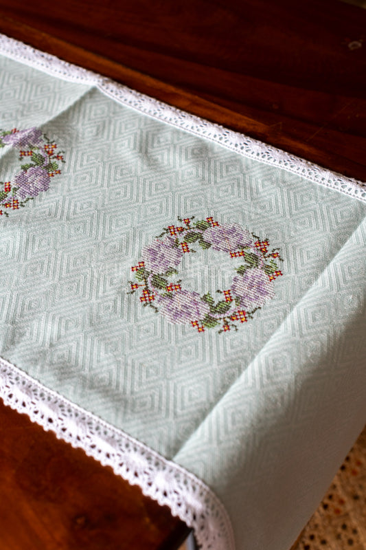 Cotton table runner with cross stitch embroidery and lace detailing -4 seater -11.5x44 inches