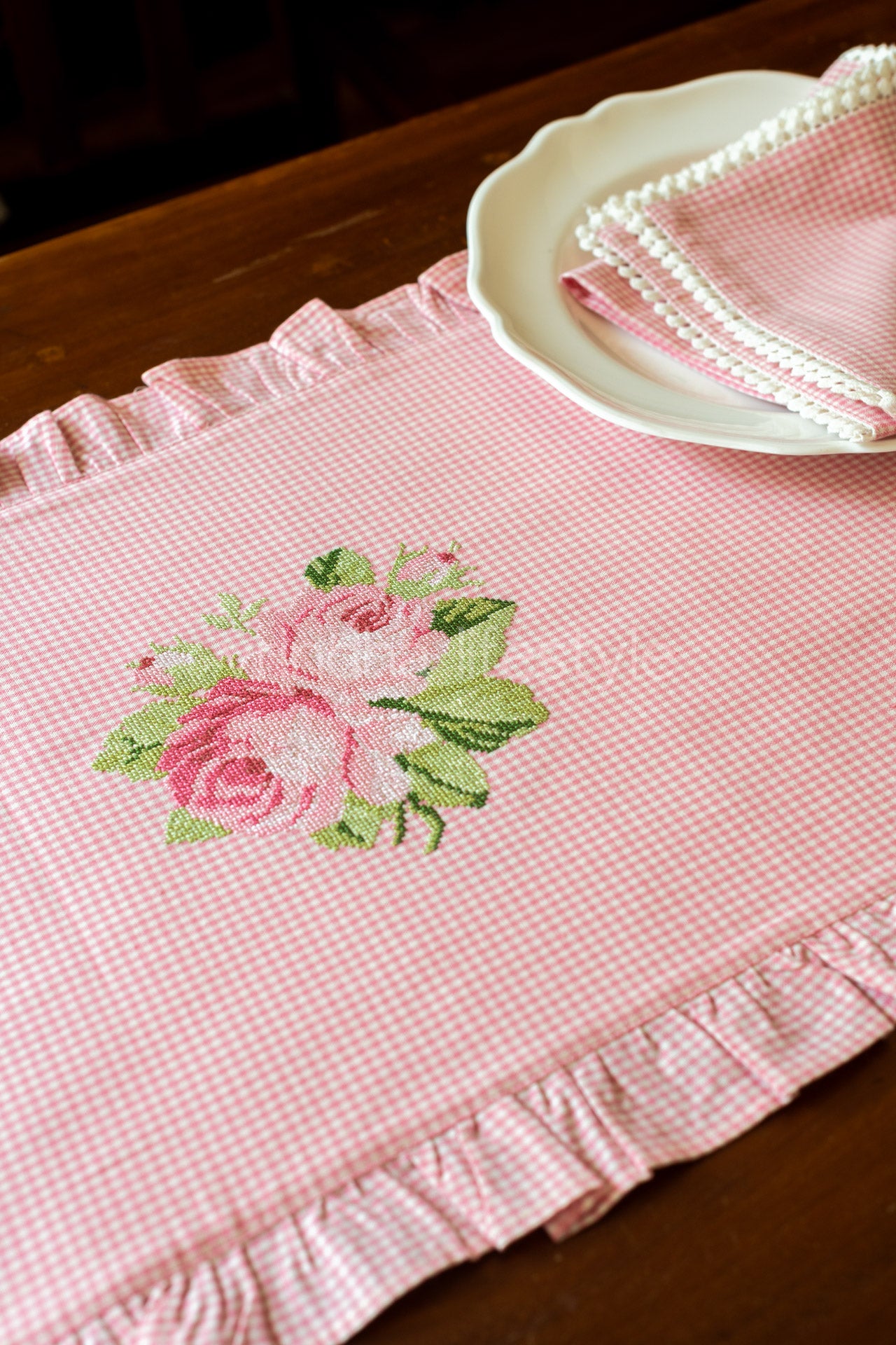 Woven table runner with cross stitch embroidery and  frill -16x110 inches-8 seater-customisable