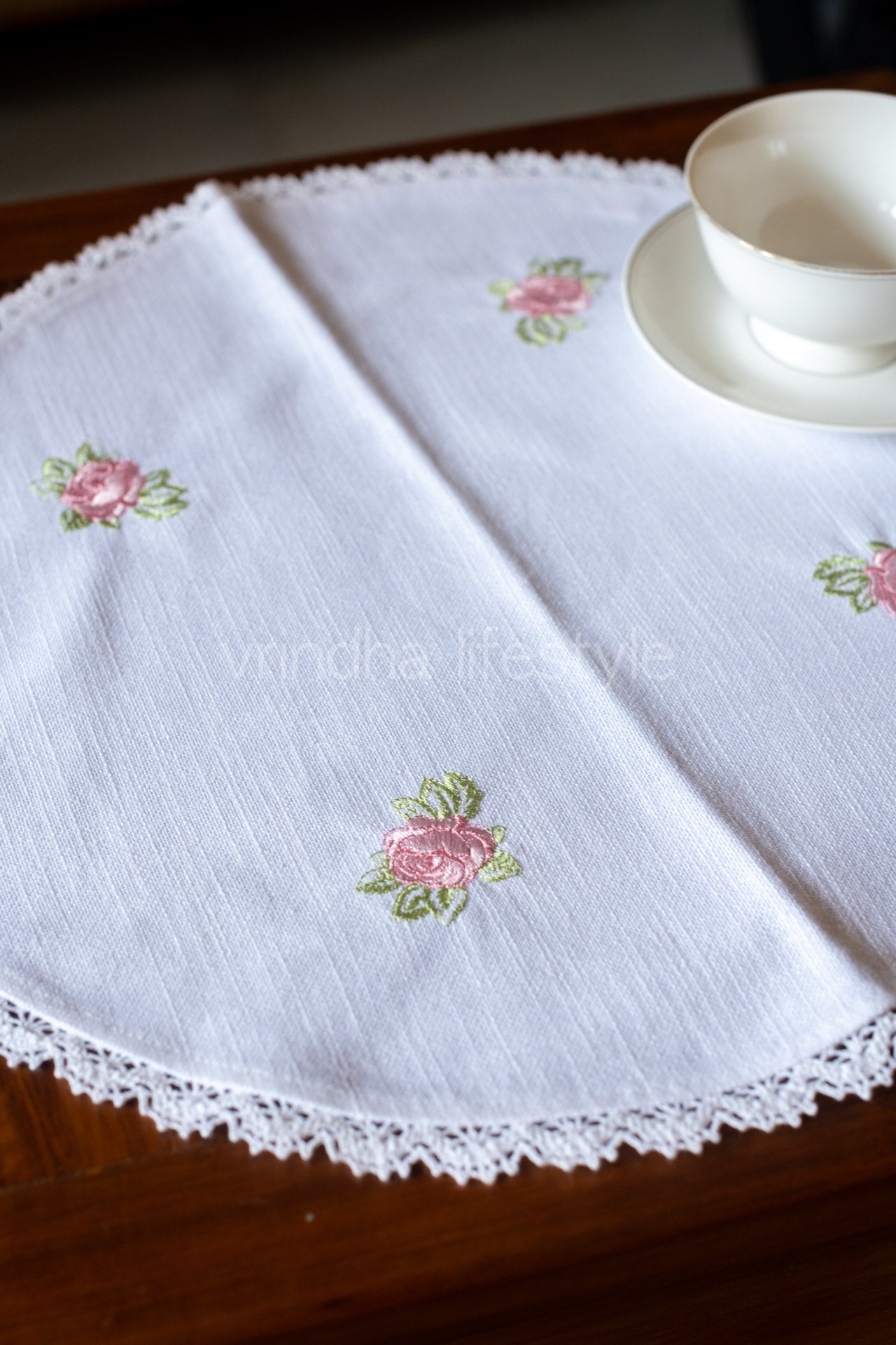 Round table mat with embroidery and lace detailing-16 inches