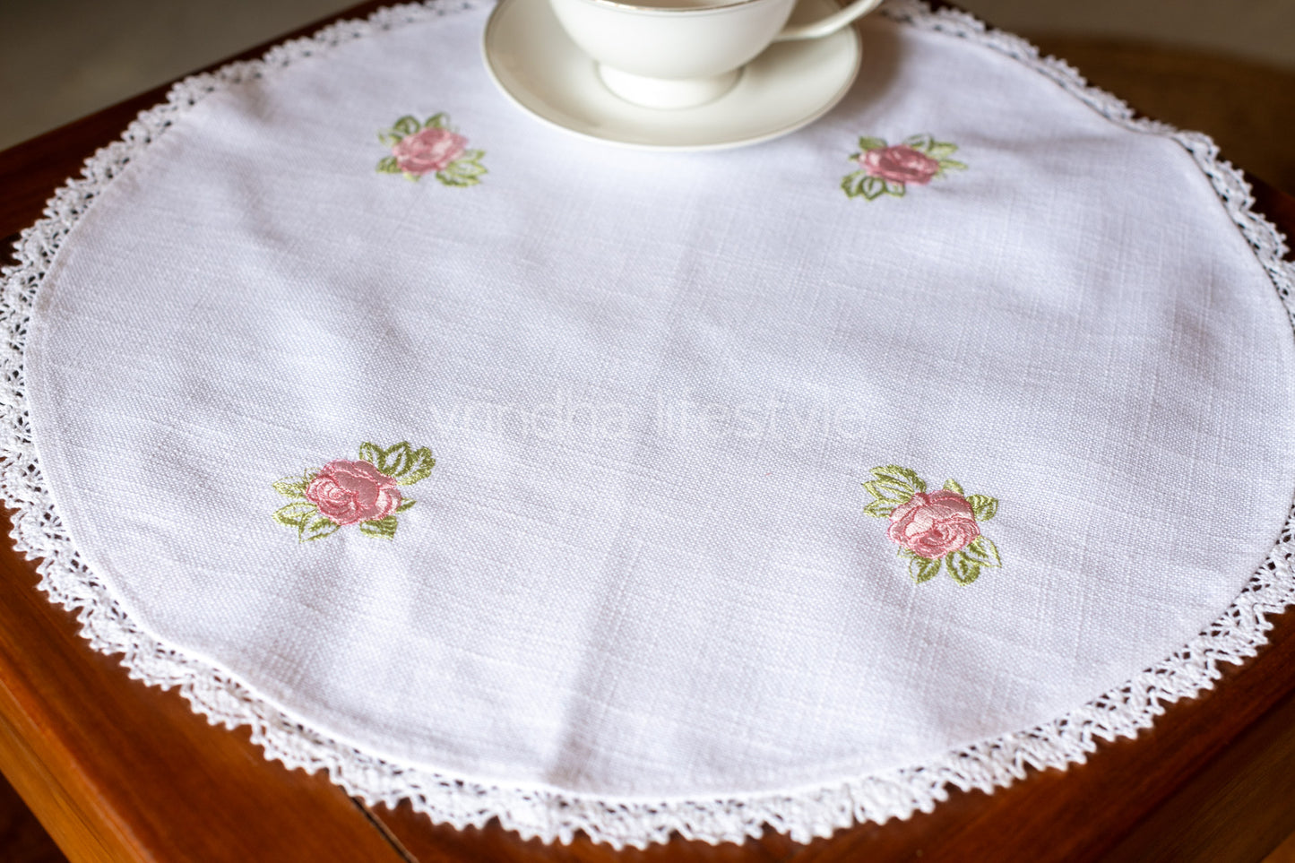 Round table mat with embroidery and lace detailing-16 inches
