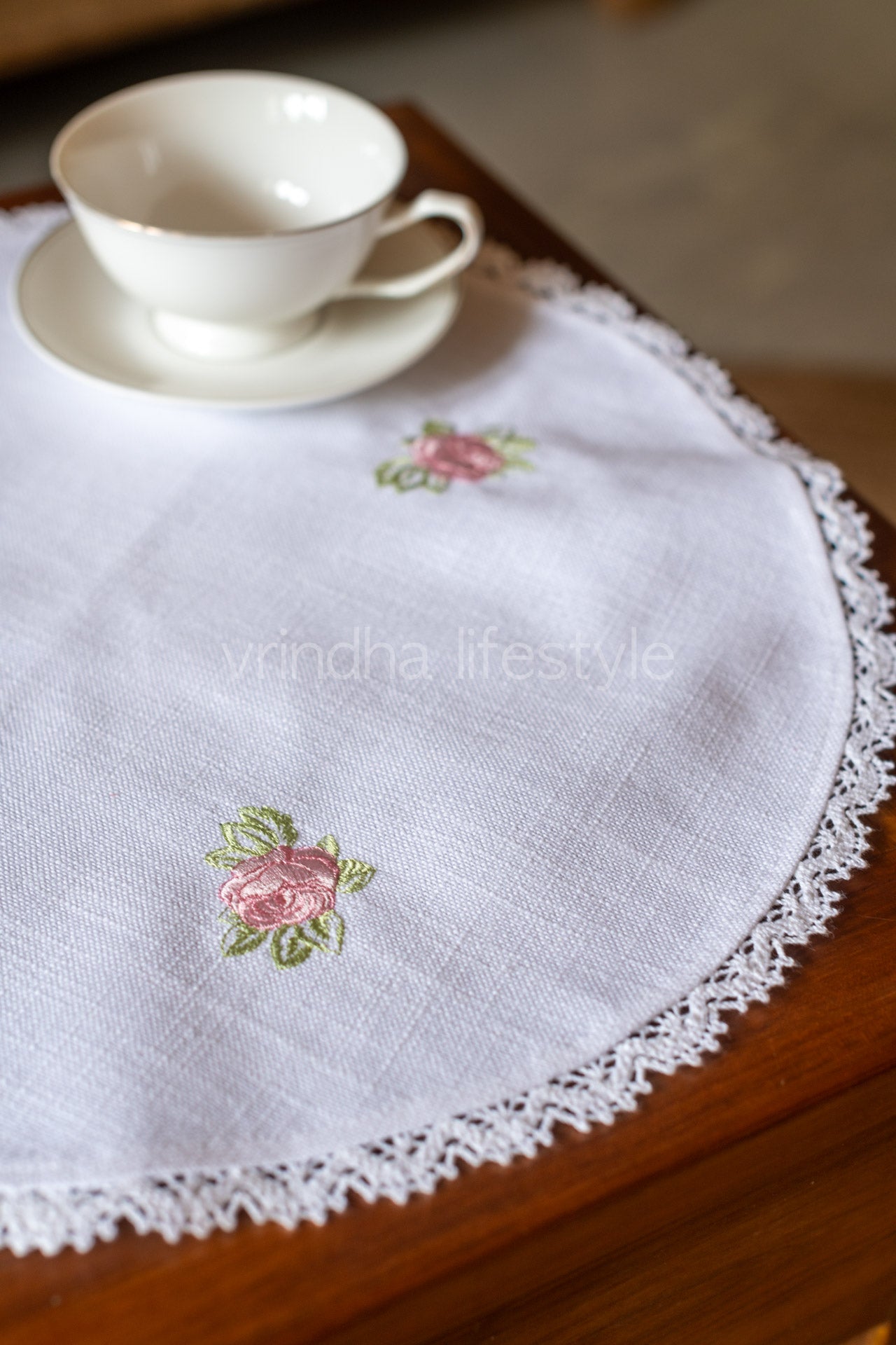 Round table mat with embroidery and lace detailing-16 inches