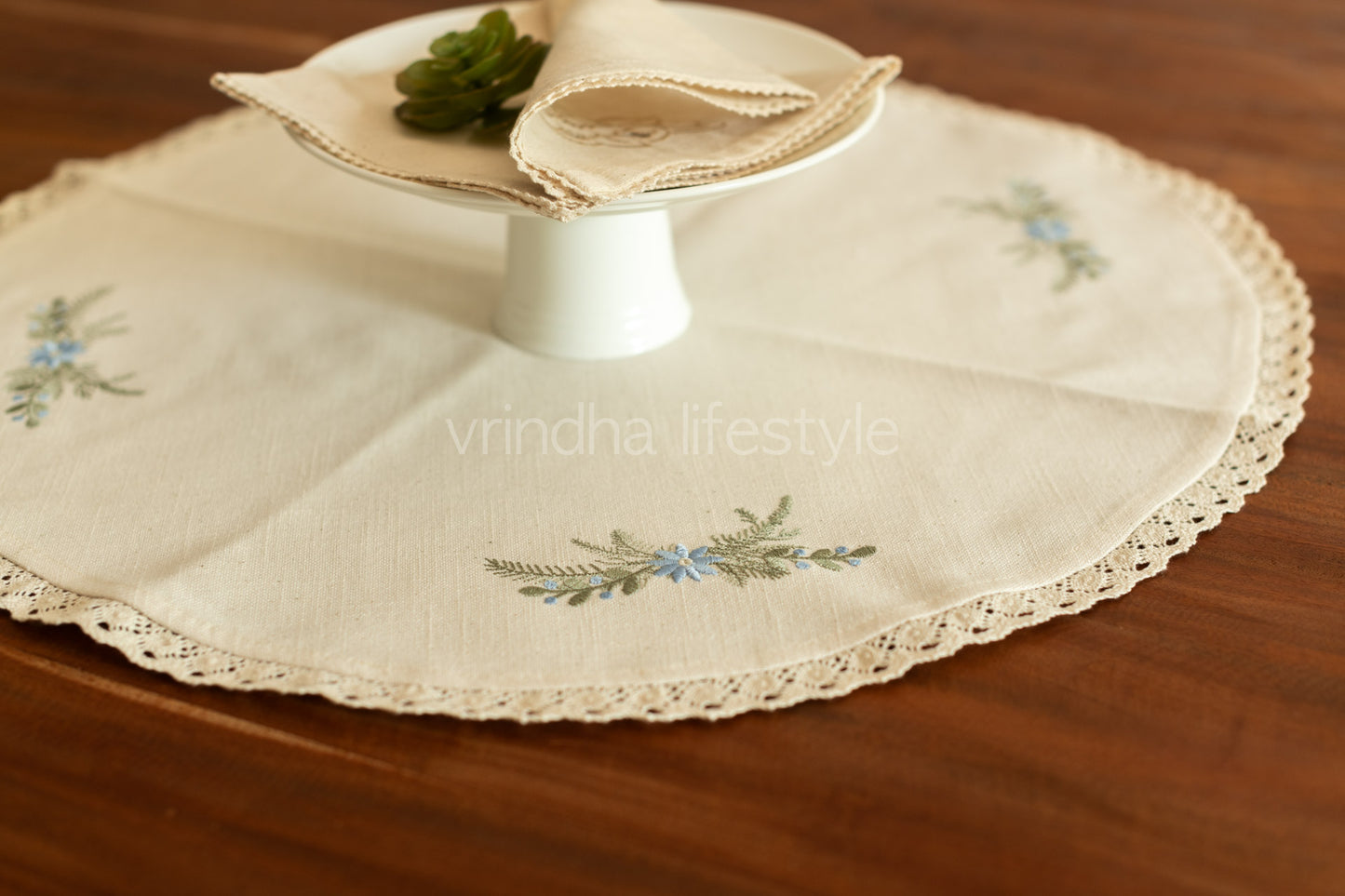 Round table mat with embroidery and lace detailing-24 inches-customisable