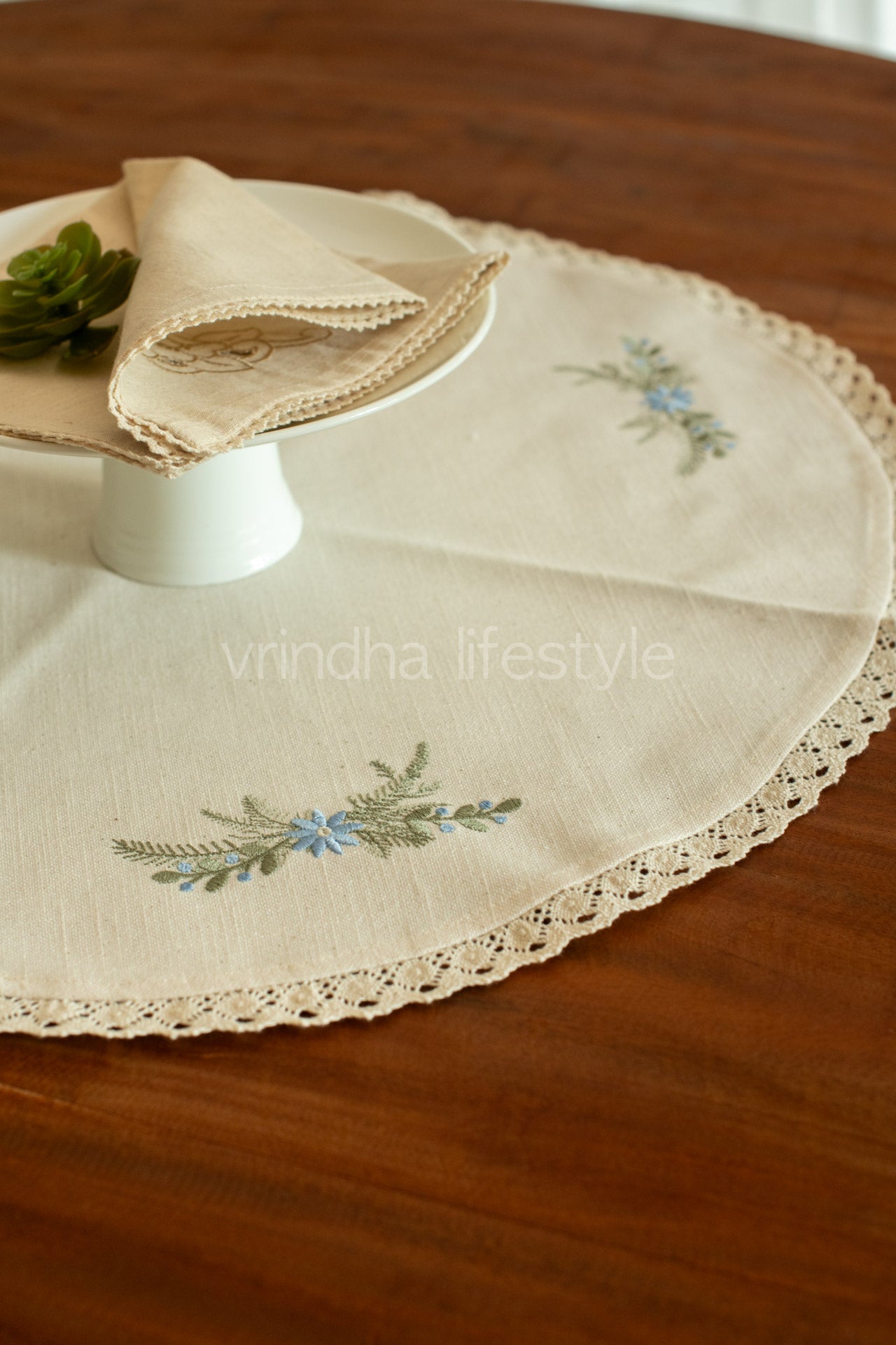 Round table mat with embroidery and lace detailing-24 inches-customisable
