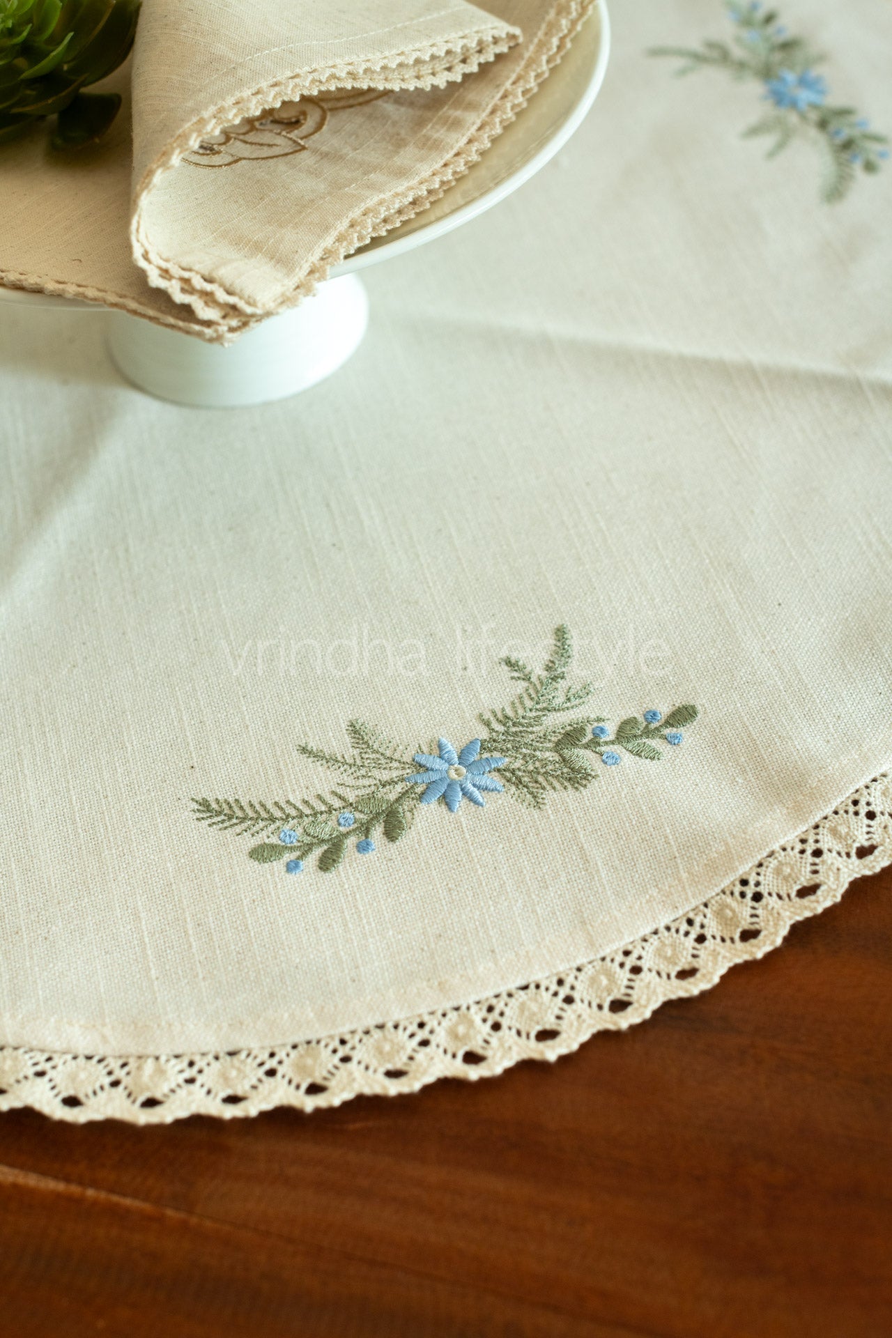 Round table mat with embroidery and lace detailing-24 inches-customisable
