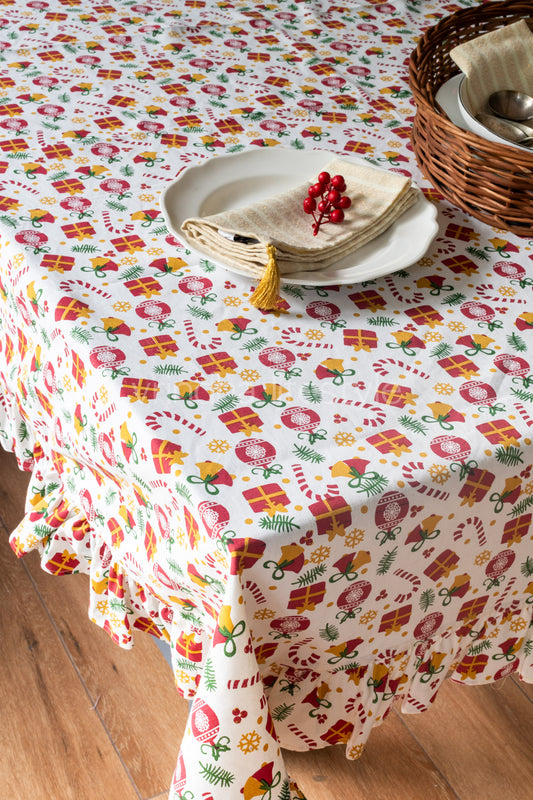 CHRISTMAS COTTON TABLE CLOTH with frill-8 seater