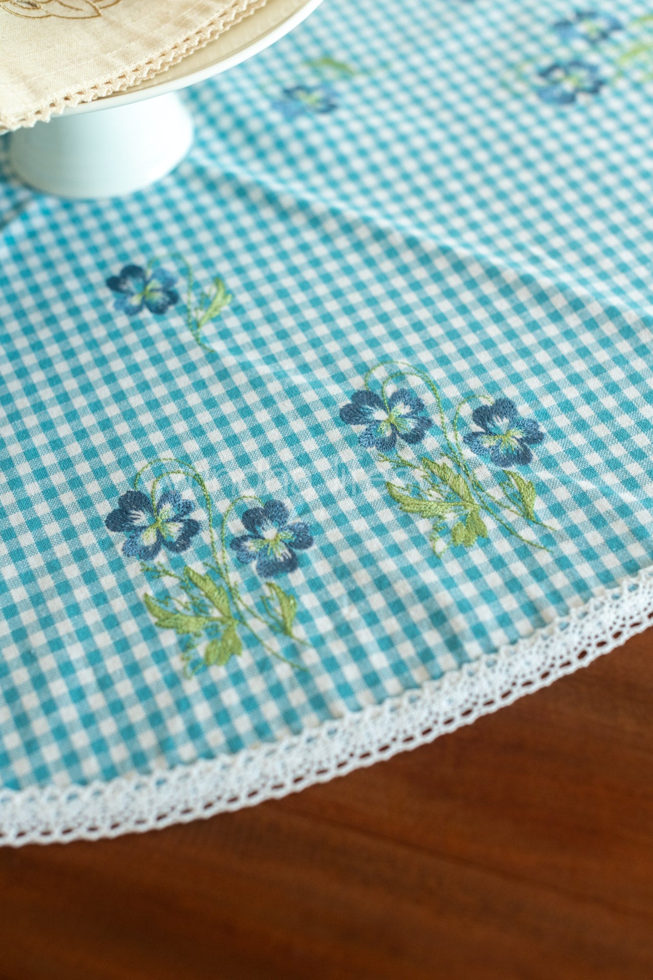 Round table mat with embroidery and lace detailing-24 inches-customisable