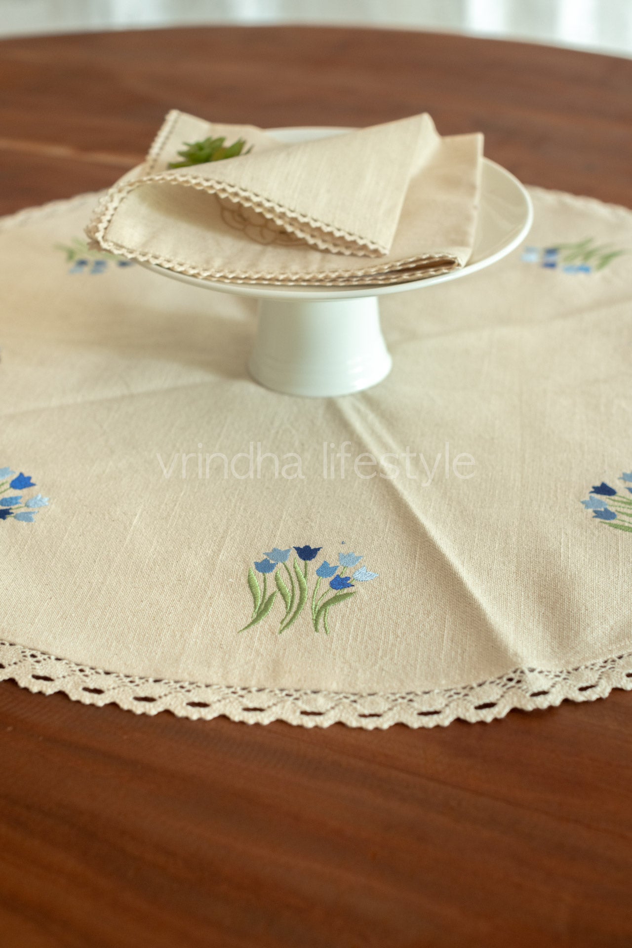 Round table mat with embroidery and lace detailing-24 inches-customisable