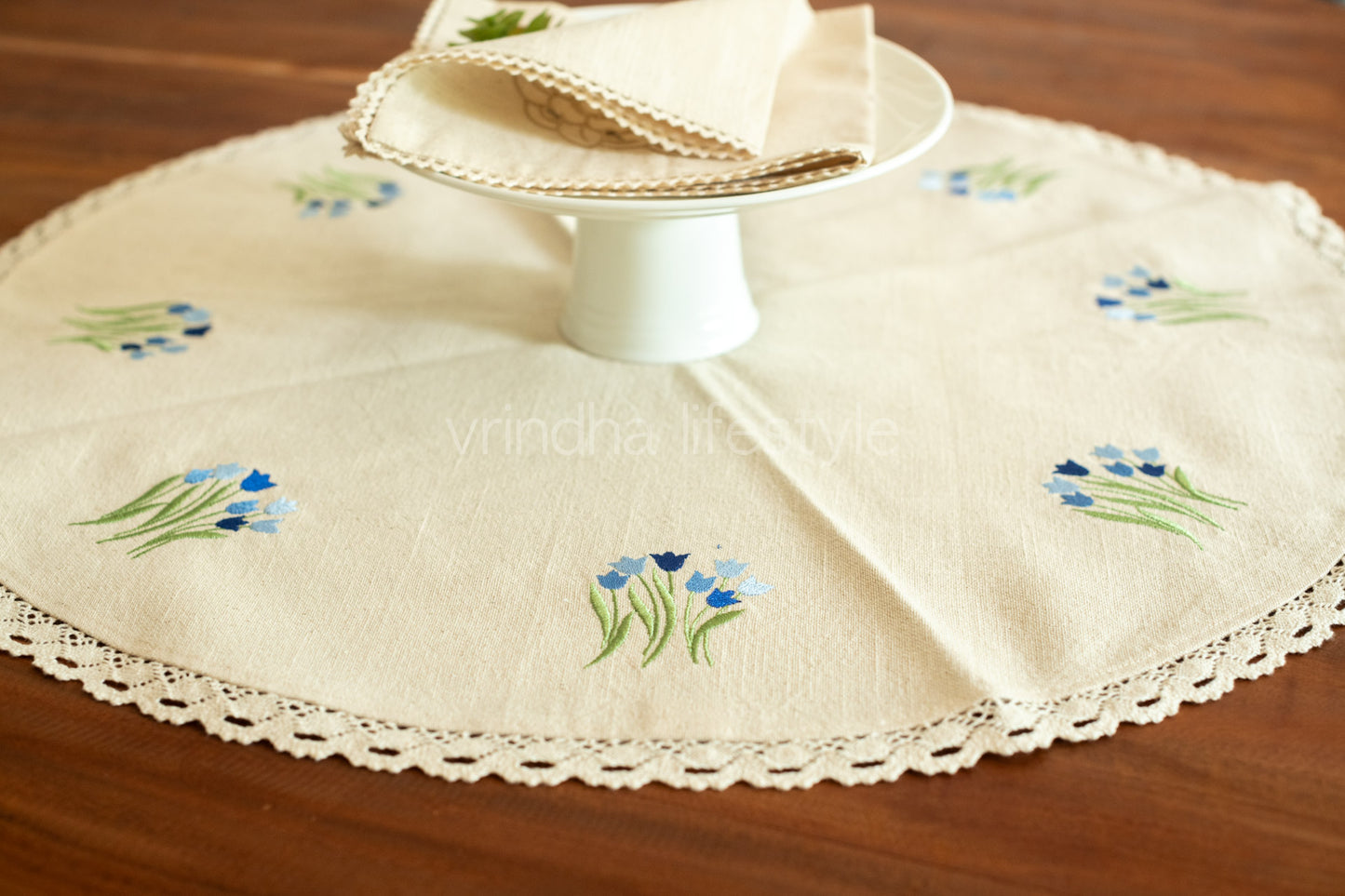 Round table mat with embroidery and lace detailing-24 inches-customisable