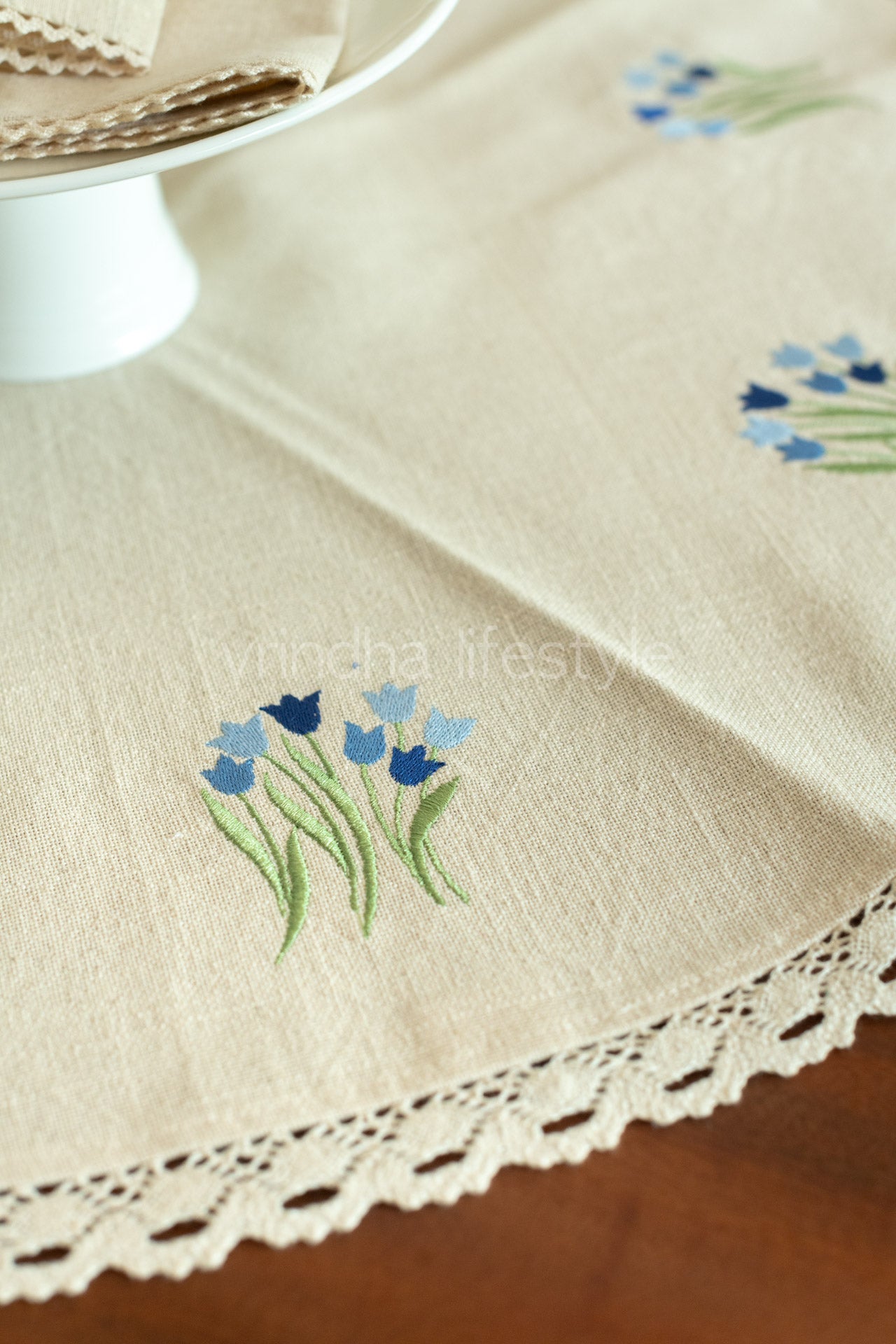 Round table mat with embroidery and lace detailing-24 inches-customisable