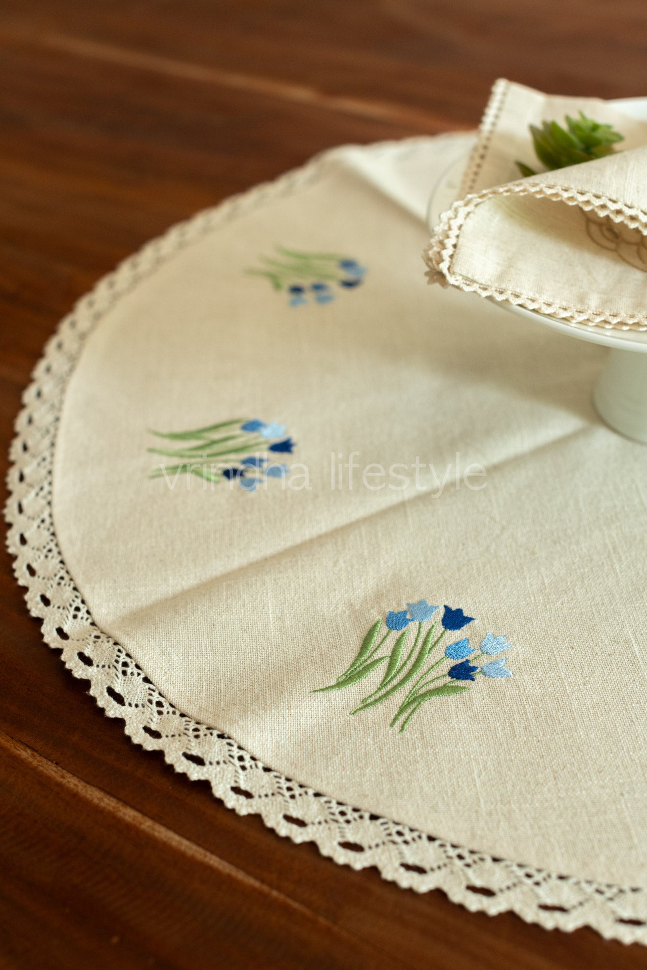 Round table mat with embroidery and lace detailing-24 inches-customisable