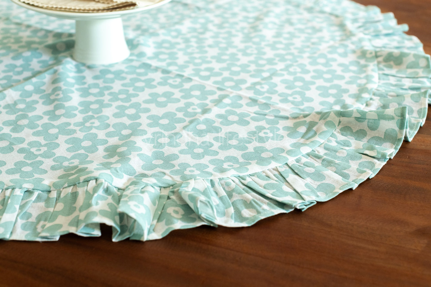 Printed cotton table cover with frill detailing-coffee table