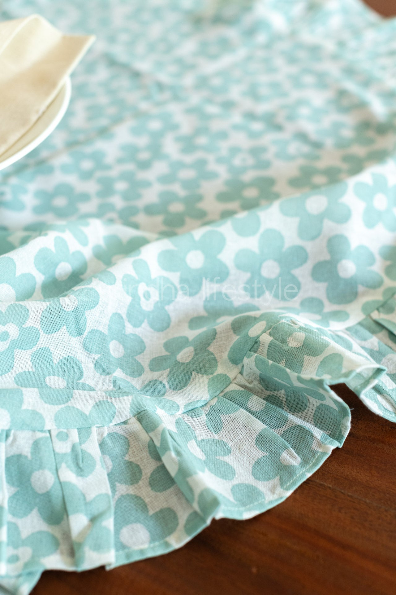 Printed cotton table cover with frill detailing-coffee table
