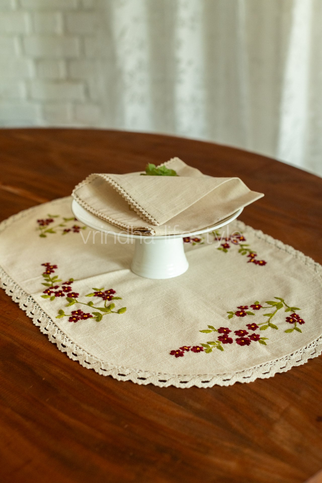 Cotton coffee table runner with hand embroidery and lace detailing - 14x24 inches