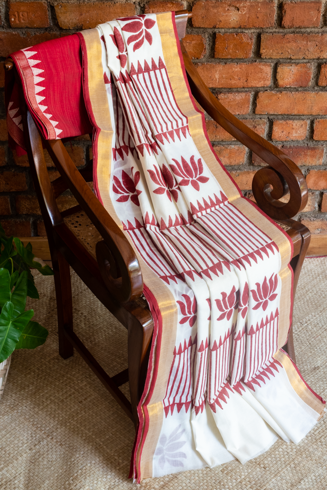 HANDBLOCK PRINTED KERALA KASAVU SAREE-Red