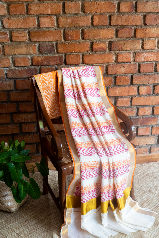 HANDBLOCK PRINTED KERALA KASAVU SAREE-Orange