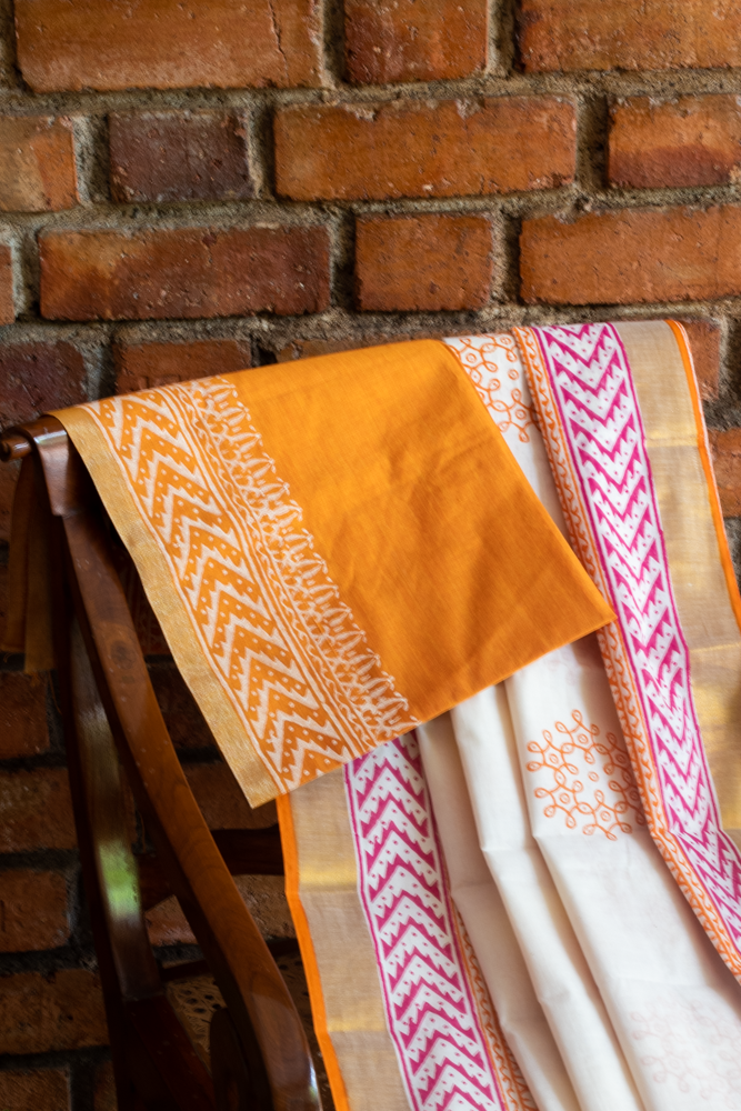 HANDBLOCK PRINTED KERALA KASAVU SAREE-Orange